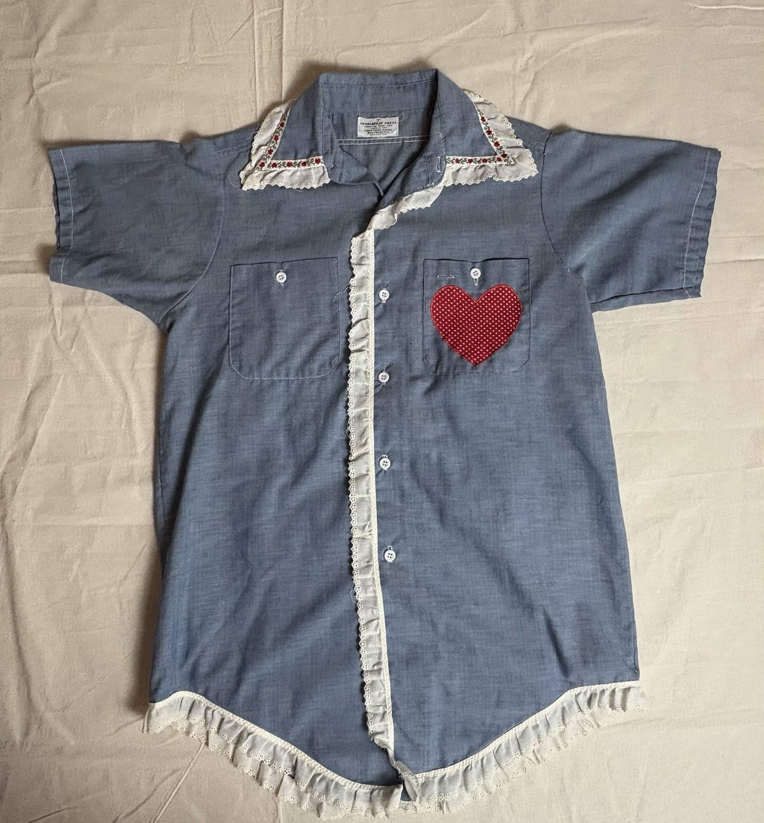 Vtg No Brand 70s Blue Chambray Applique Flower Pot 2 Sided Button Blouse M B2