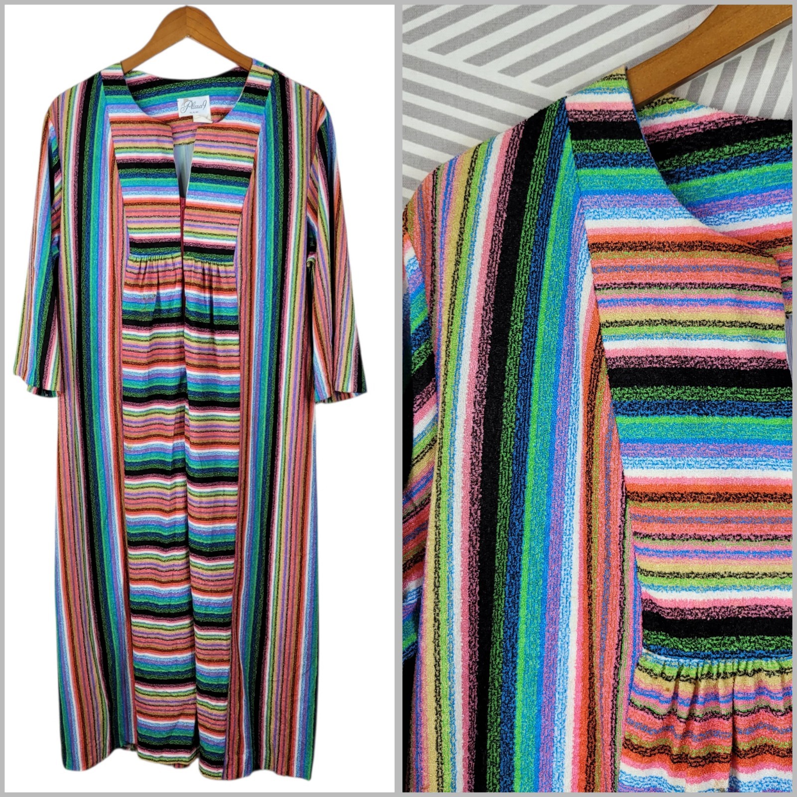 Vintage 60s Fuzzy Fleece Plus 1X 2X Housecoat Robe Psychedelic Stripe 1/4 Zip