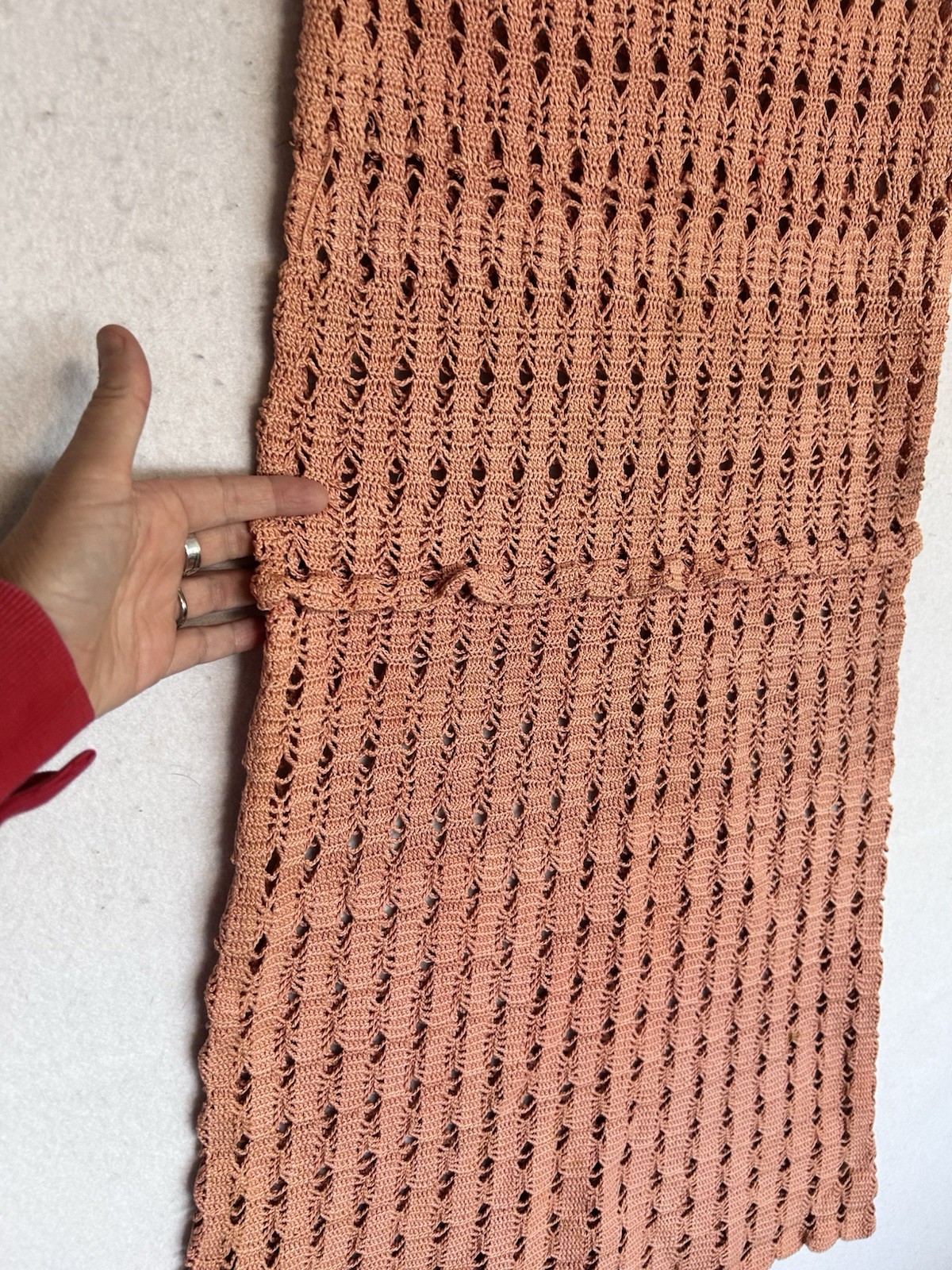Vintage 1930s 40s Pink Crochet Dress Midi Stretch Art Deco Knit Flapper Sz M