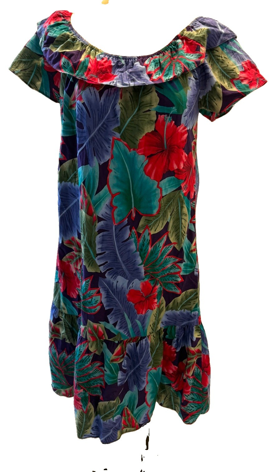 Vintage Hilo Hattie Hawaiian Dress Small Cotton Muumuu Ruffle Tropical Pockets