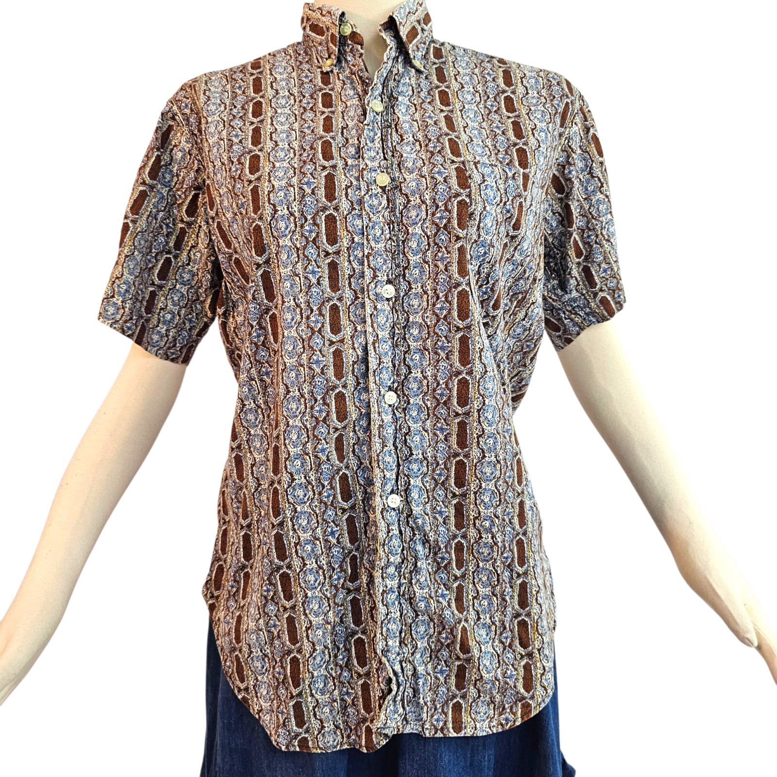 Vintage 1970s Blue Brown Pattern Short Sleeve Button Down Collared Retro Disco