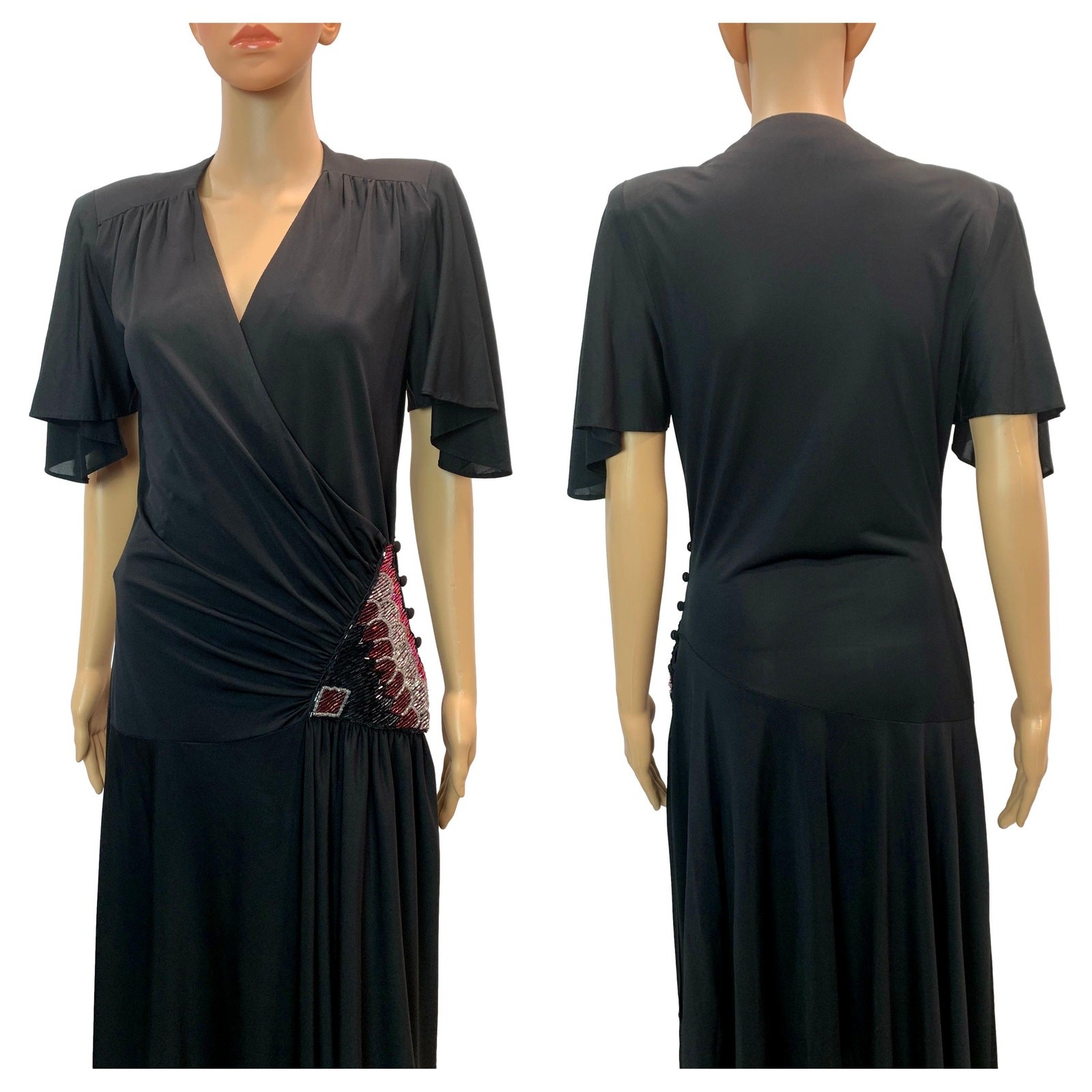 Vintage Vijack Black Beaded Wrap Dress | Nancy Bracoloni 70s 80s Scarf Hem | S