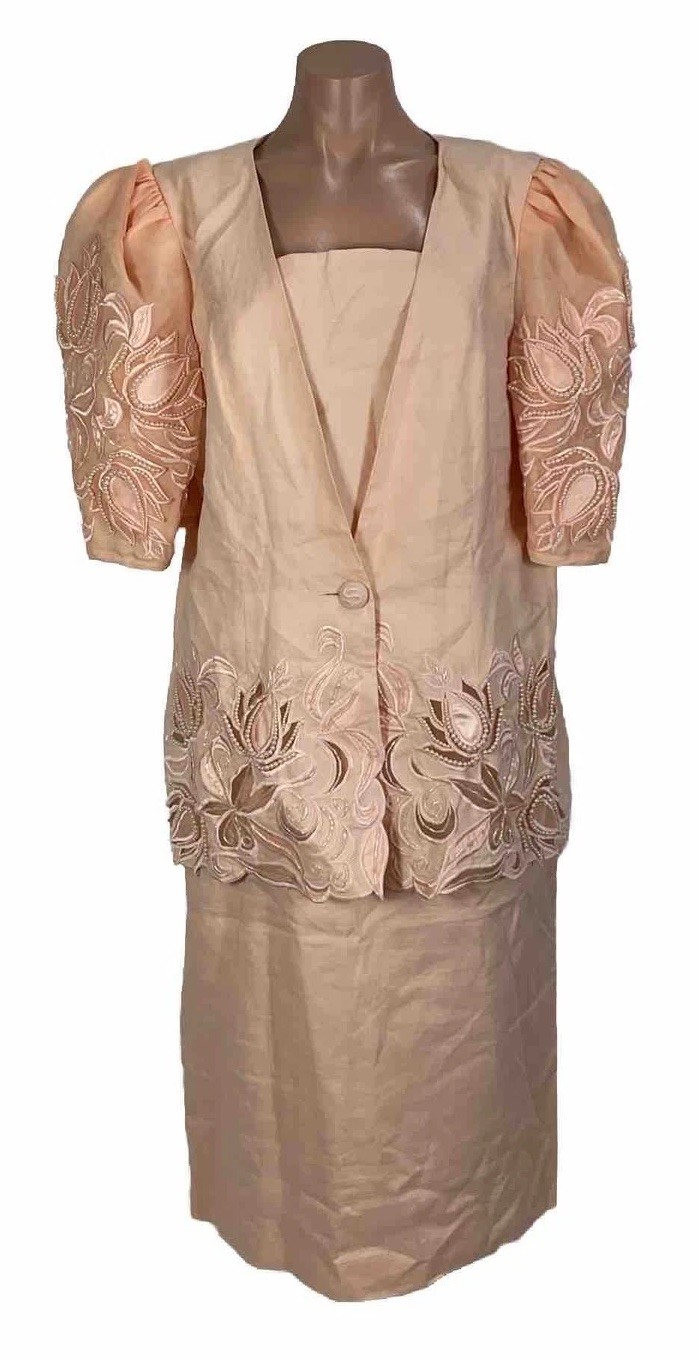 Vintage 80s DAVINCi Pink Suit Puffy Sleeve Suit Jacket Skirt 16X Beaded Linen