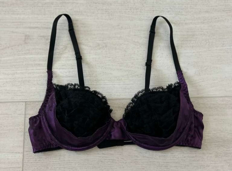 Vintage Frederick’s of Hollywood Satin Balconette Bra Sz 32 Purple / Black