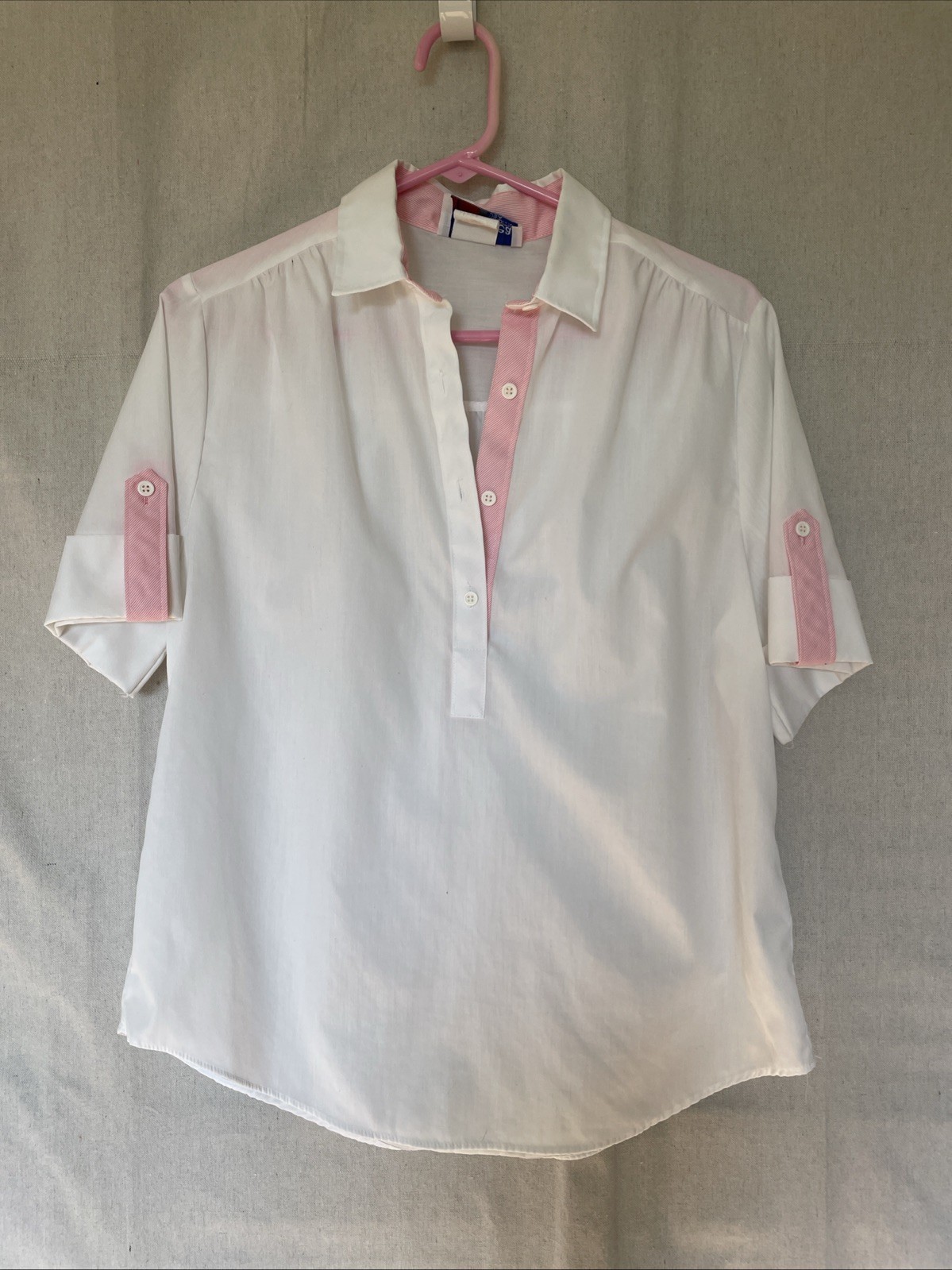 Land ‘n Sea Vintage Collared Blouse Short Sleeve White Collar Pink Trim Size 10