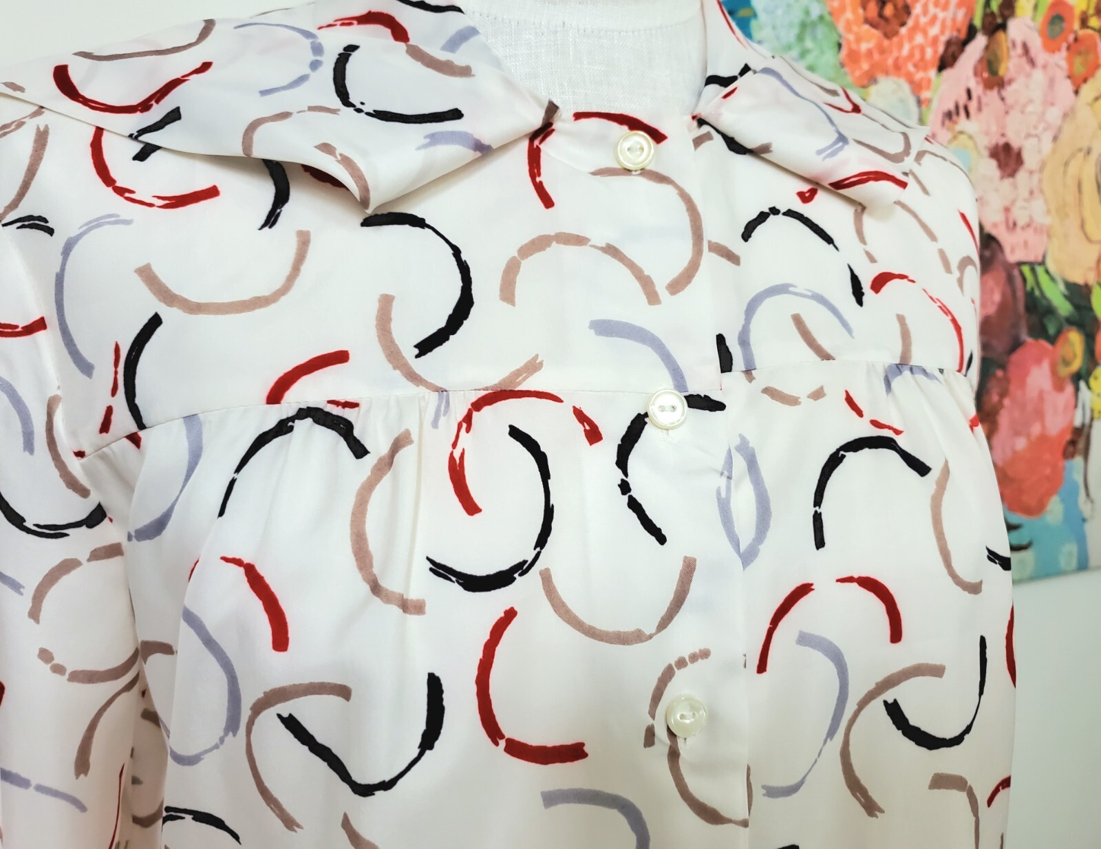 Vtg 80s Manor Park Cream Geometric Prints Front Tie Bow Button Up Blouse Sz L/XL