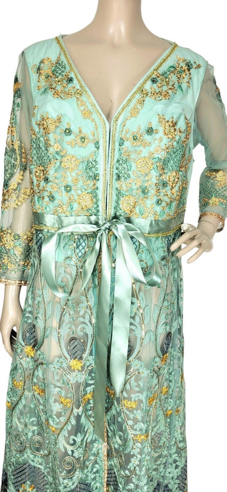 VTG Lace Tulle Metallic Gold Embroidered Bead Embellished Duster Belted Jacket