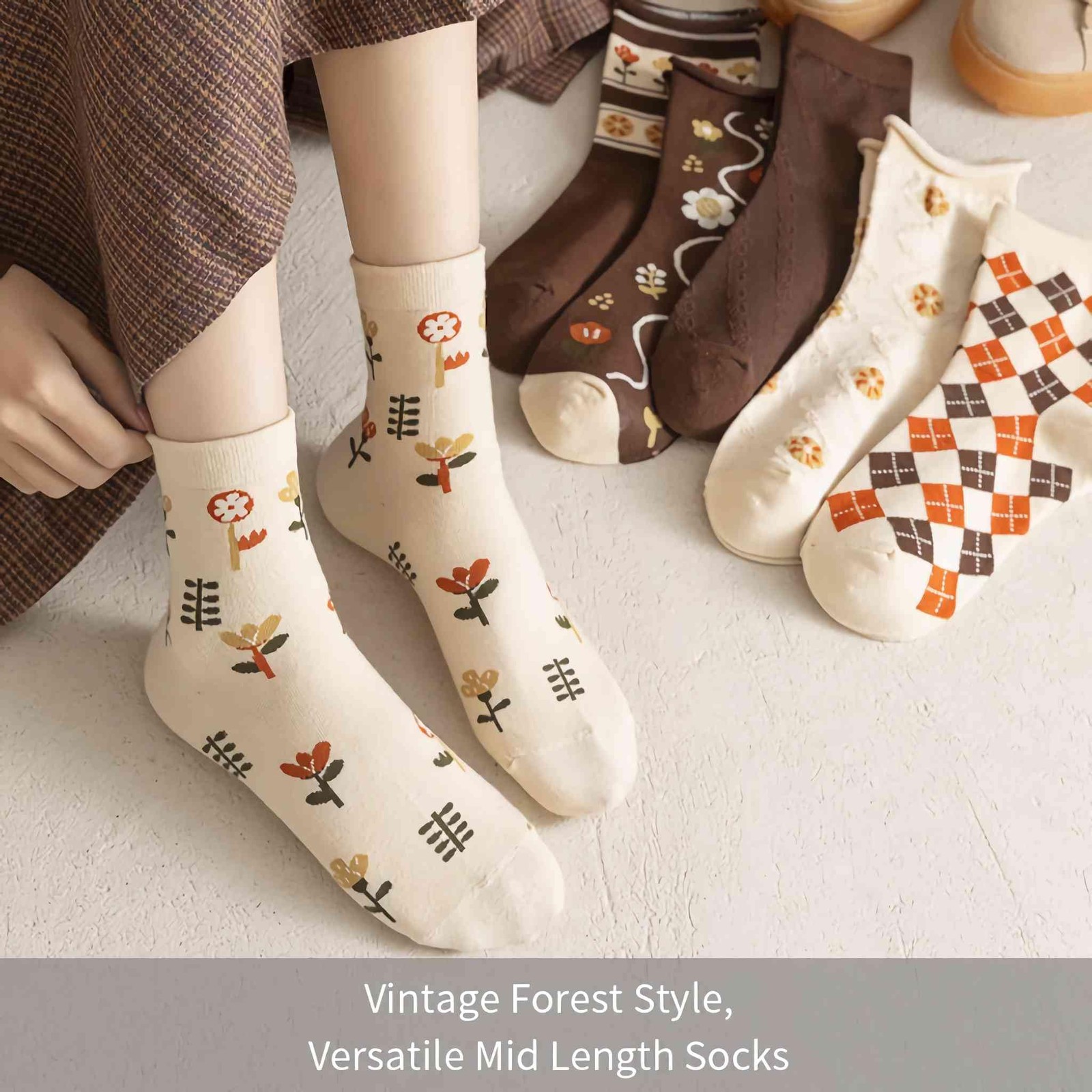 Lefe Liee Cute Vintage Cottagecore Socks – Women’s Autumn 5.5-8.5, Khaki