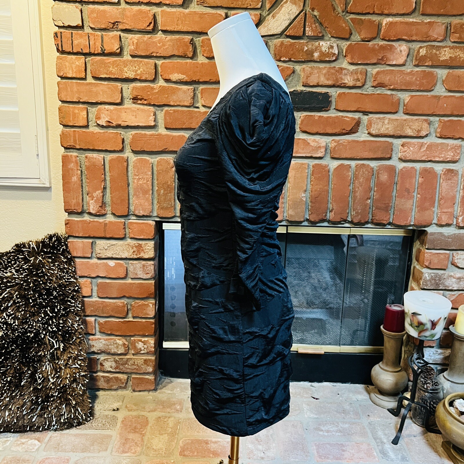 Vintage 90’s Sexy Black Textured Body con Cocktail Club One Arm Mini Dress sz XS