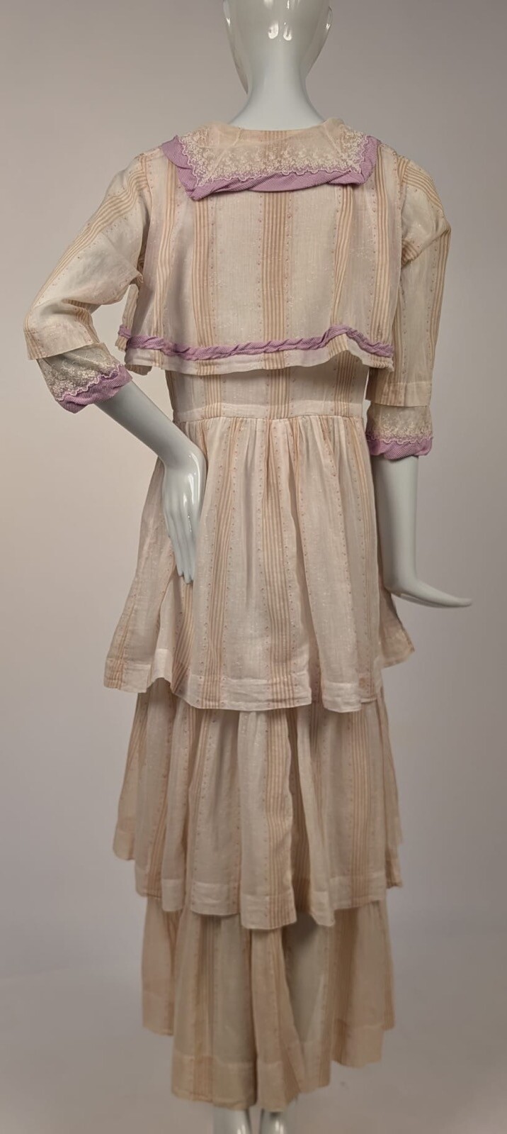 EDWARDIAN STRIPED MUSLIN DRESS W LAVENDER SILK EDGING + TRIPLE TIERED SKIRT