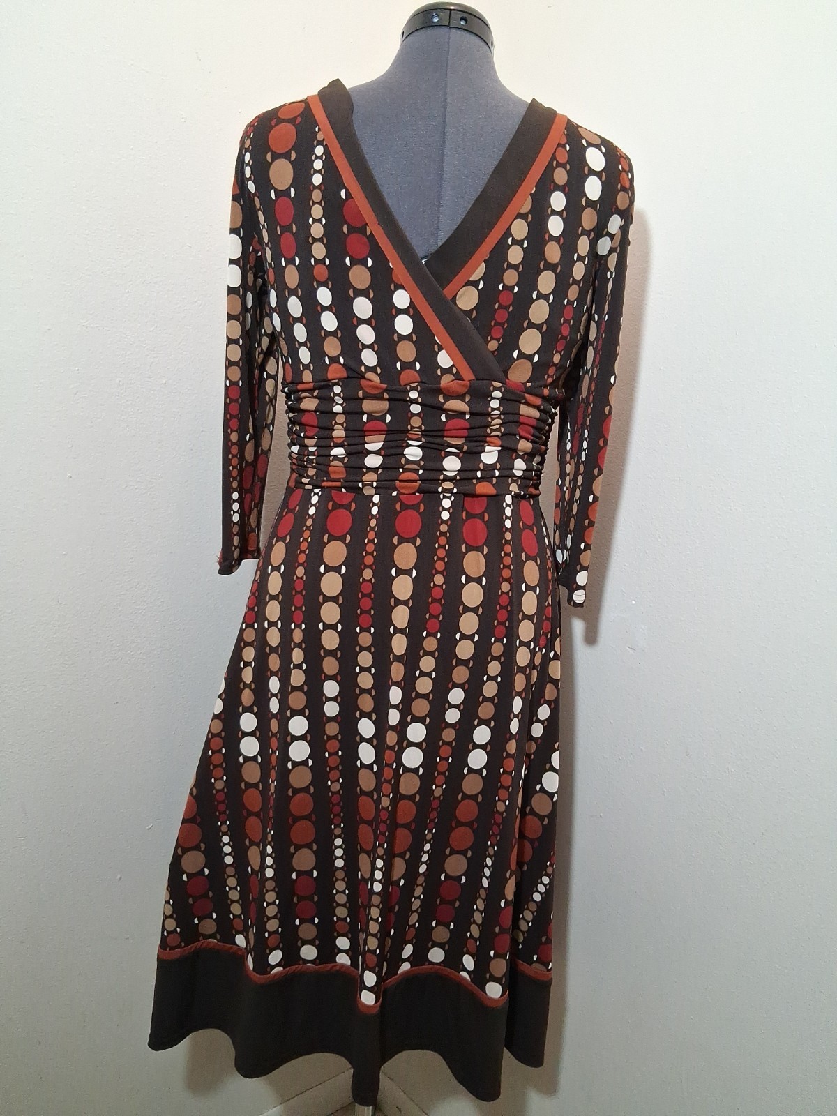 Studio I Brown Dot Print Wrap Dress 3/4 Sleeve Size 16 Reto Y2K 70’s Inspired