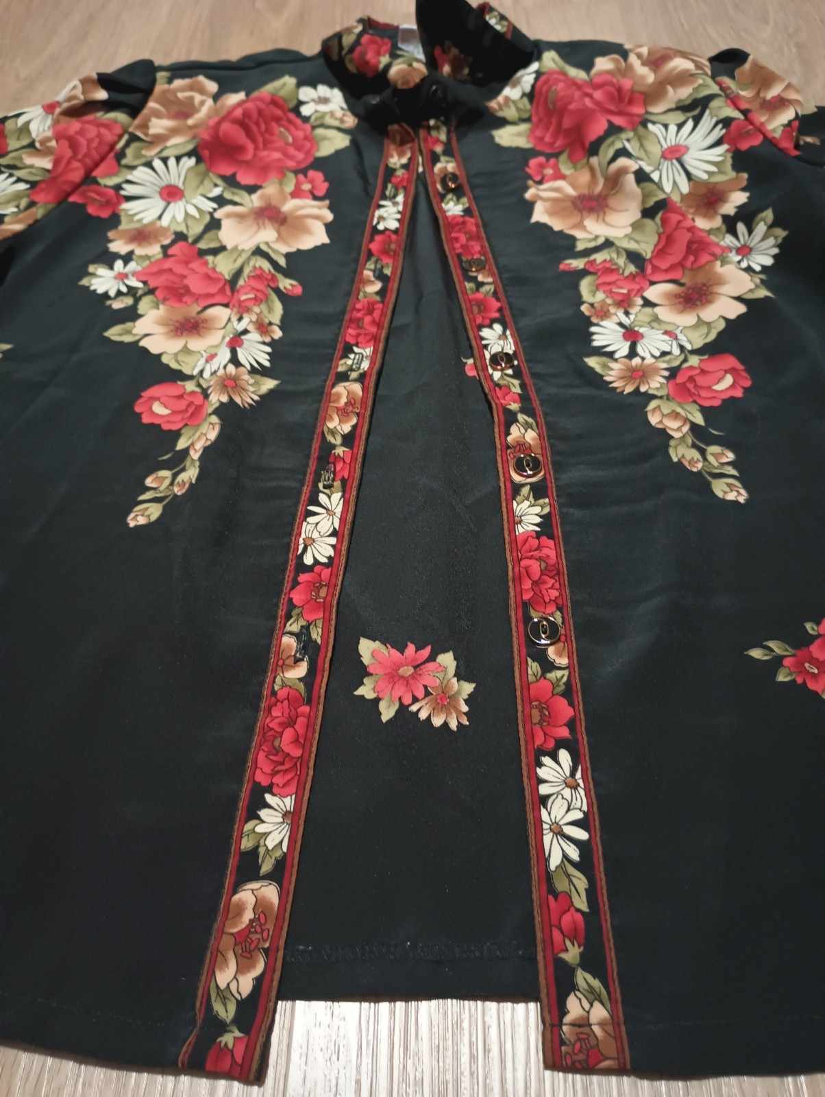 Vtg 80s Floral Bouquet Draped Button Up Blouse Top kitsch baroque M