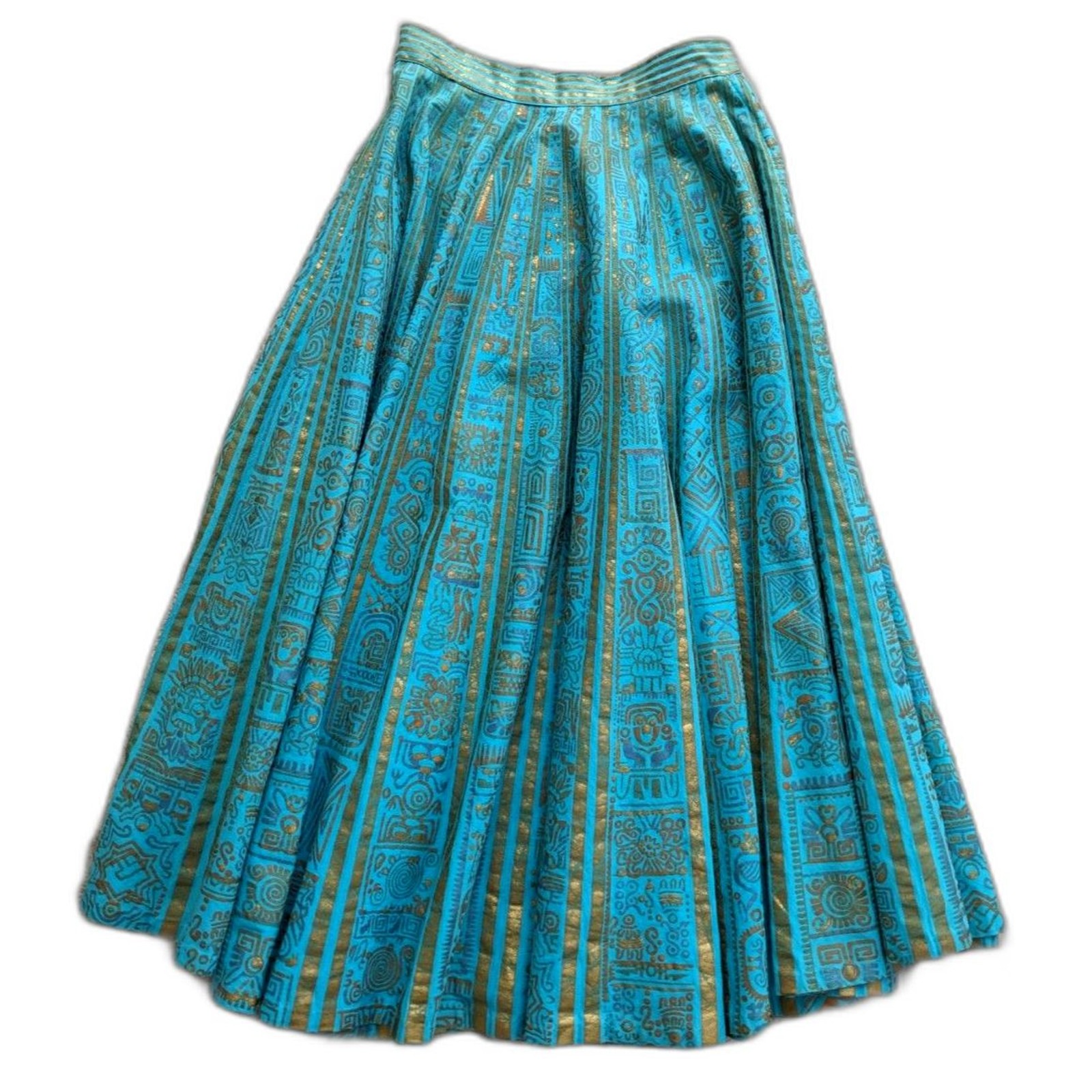 1950s MAYA de MEXICO Mayan Hieroglyph Hand Painted Aqua/Gold Circle Skirt sz. XS