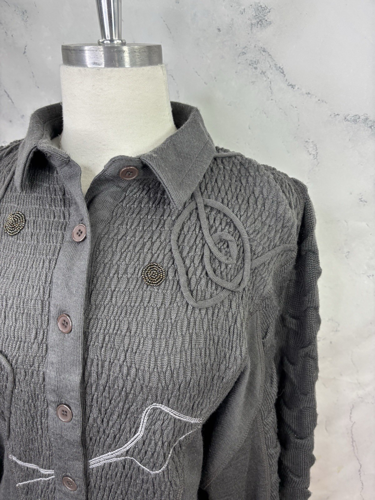 Vintage 80s MARC D’ALCY Paris Henley Sweater Gray Dolman Sleeves Wool Retro sz S