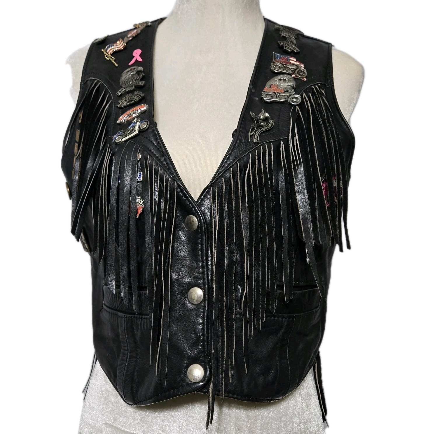 Vtg Gypsy Leather Womens M Black Leather Motorcycle Vest Fringe Patches Pins (H)