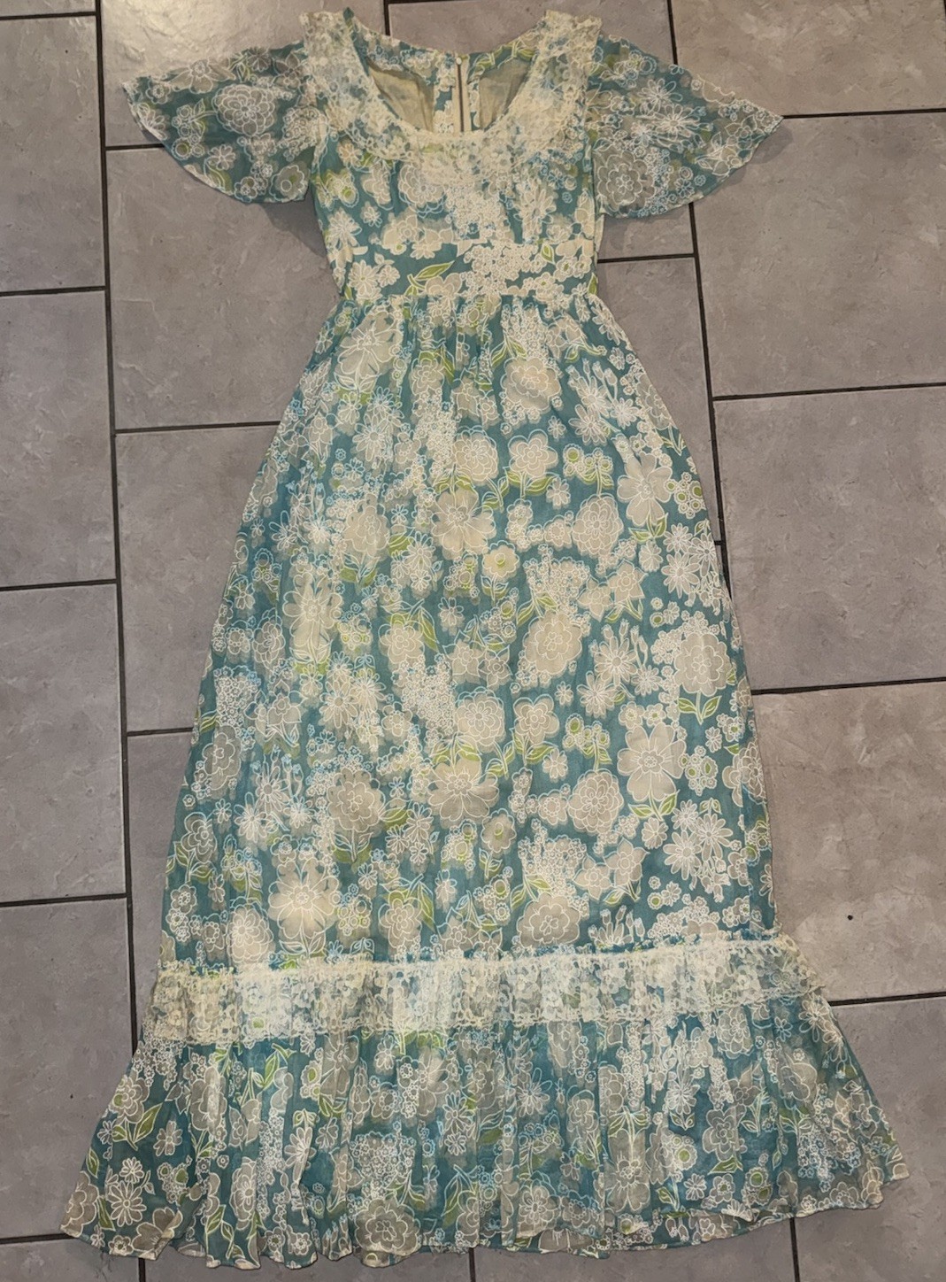 Vtg 1970s Maxi Prairie Dress Blue Floral Lace Victorian Cottage-core 60s Size XS