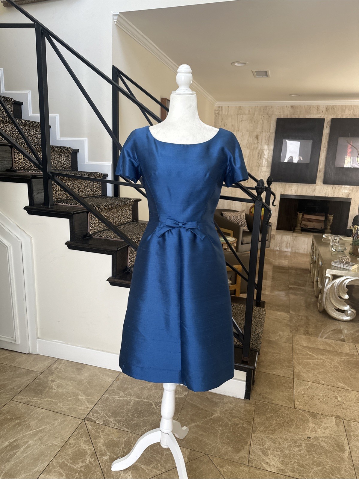 Hannah Troy VTG 50s Marine Blue Stiff Raw Silk Cocktail Dress Short Jacket S