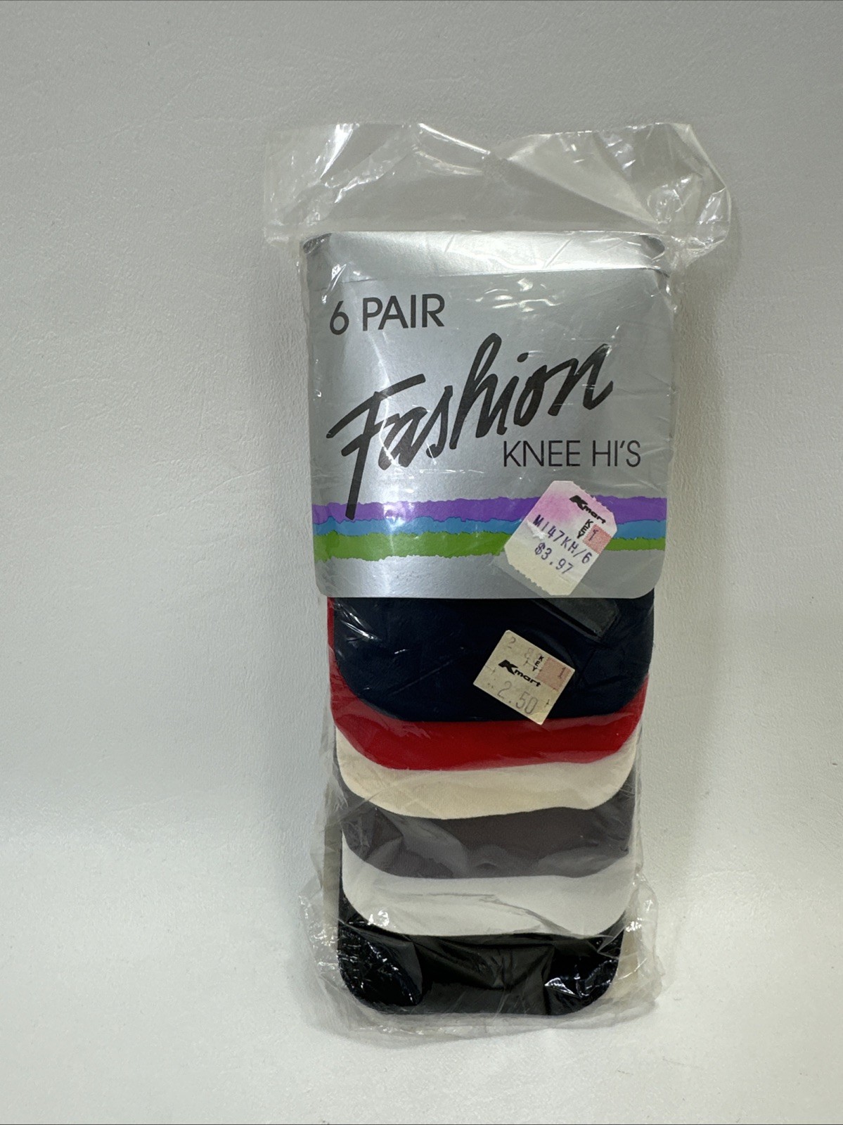 NOS Vtg 80s KMart Fashion Knee Hi Nylons Black White Grey Red Blue Beige 6 Pair