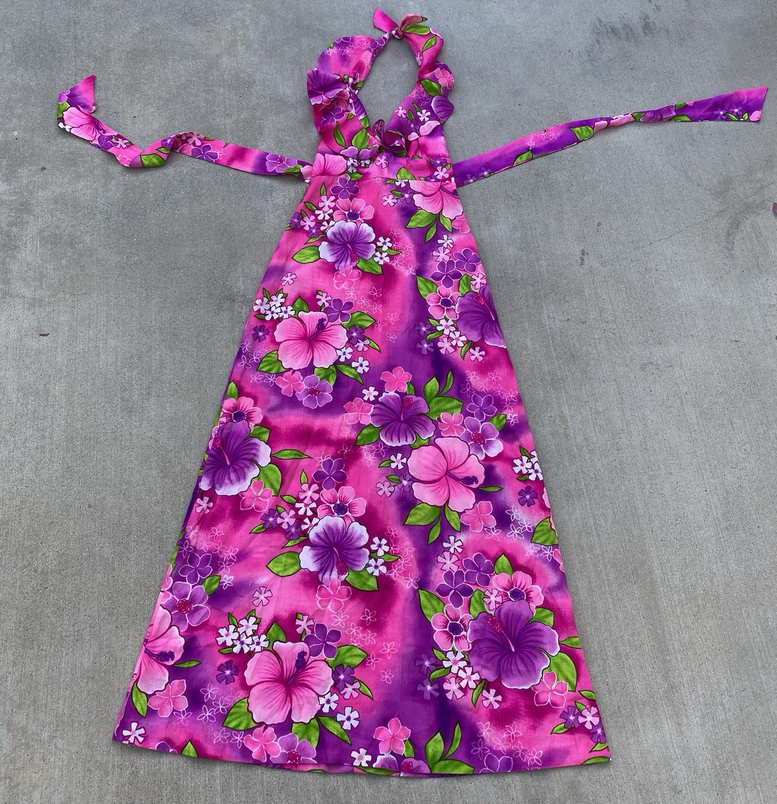 Vintage Pomare Hawaii Acrylic Hawaiian Halter Dress Ruffle Top Tiki Aloha Pink