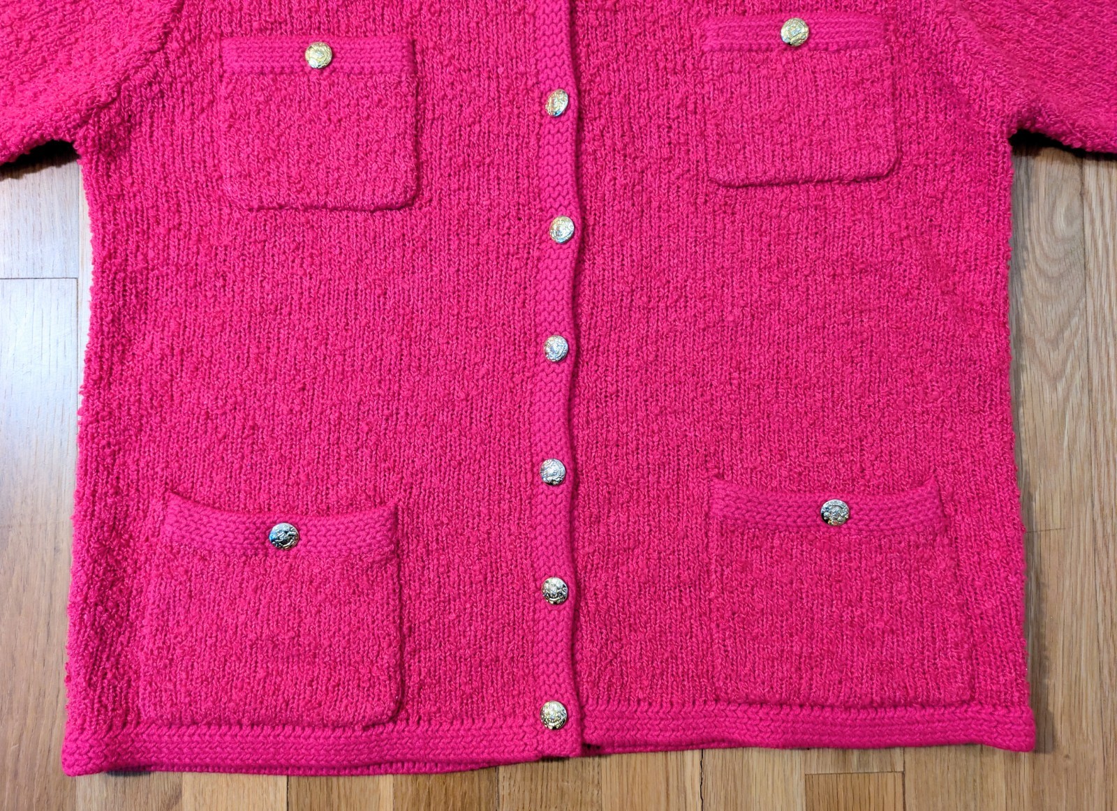 Vintage 80s TANNER Neon Pink/Gold Button Acrylic Cardigan Women’s sz M *EUC!*