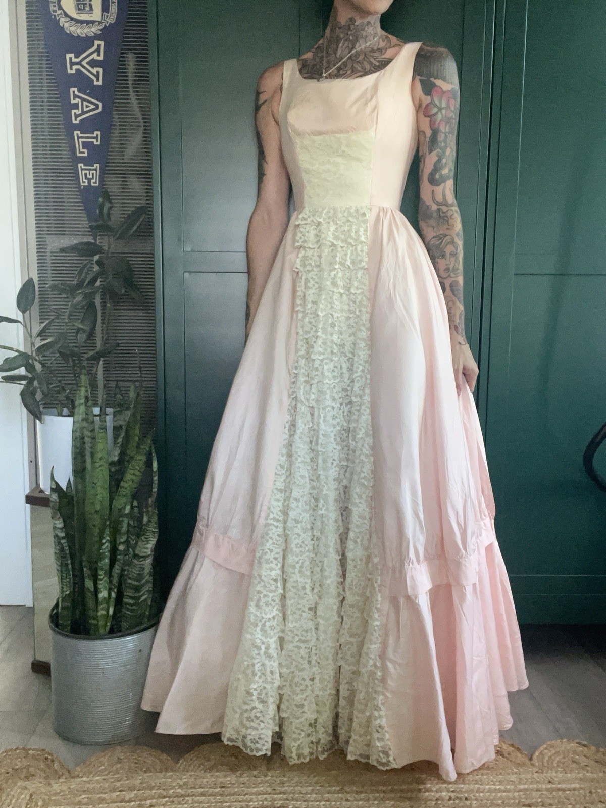 Vtg 60s Mike Benet Formal Pink Gown Ruffle Lace Front Corset Bodice Coquette XS