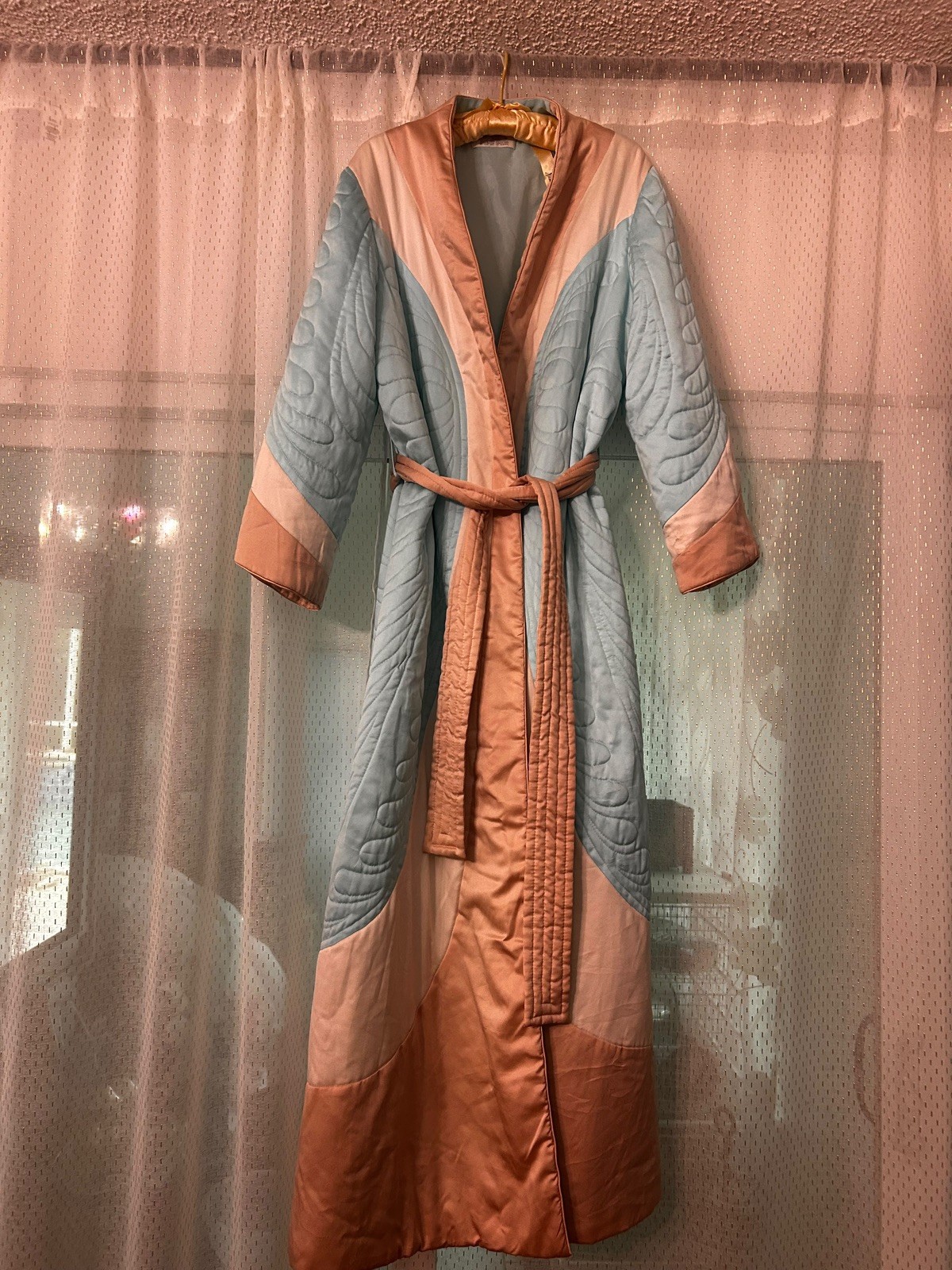 Vintage Christian Dior Lounge Wear Robe – Long Pastel Blue & Pink Belted Robe