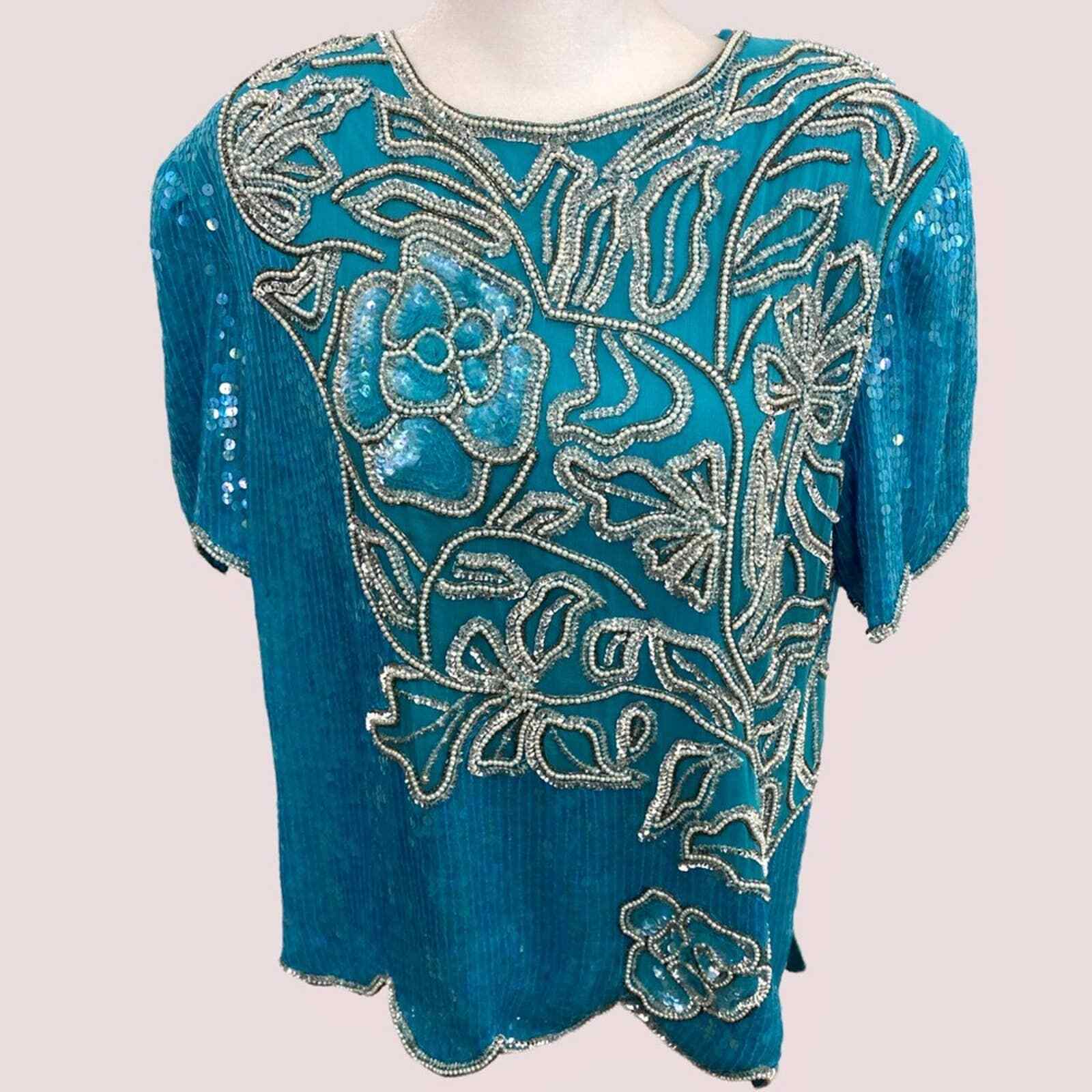 Vintage Night Vogue Blue Sequin Beaded Floral Scallop Hem Blouse