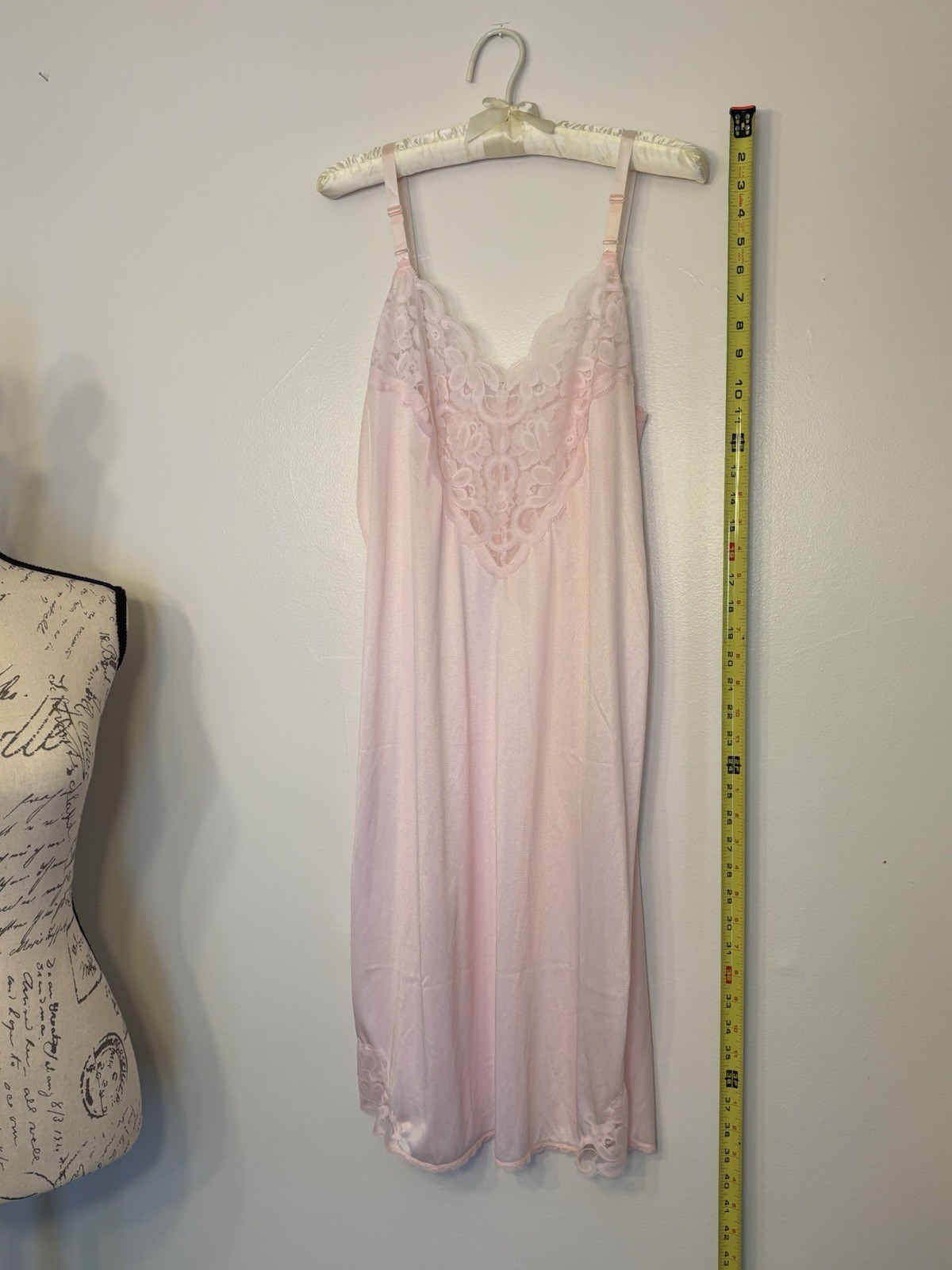 Vtg Sears Baby Pink Full Slip Dress Size 38 M Sheer Floral Lace Bodice Lingerie