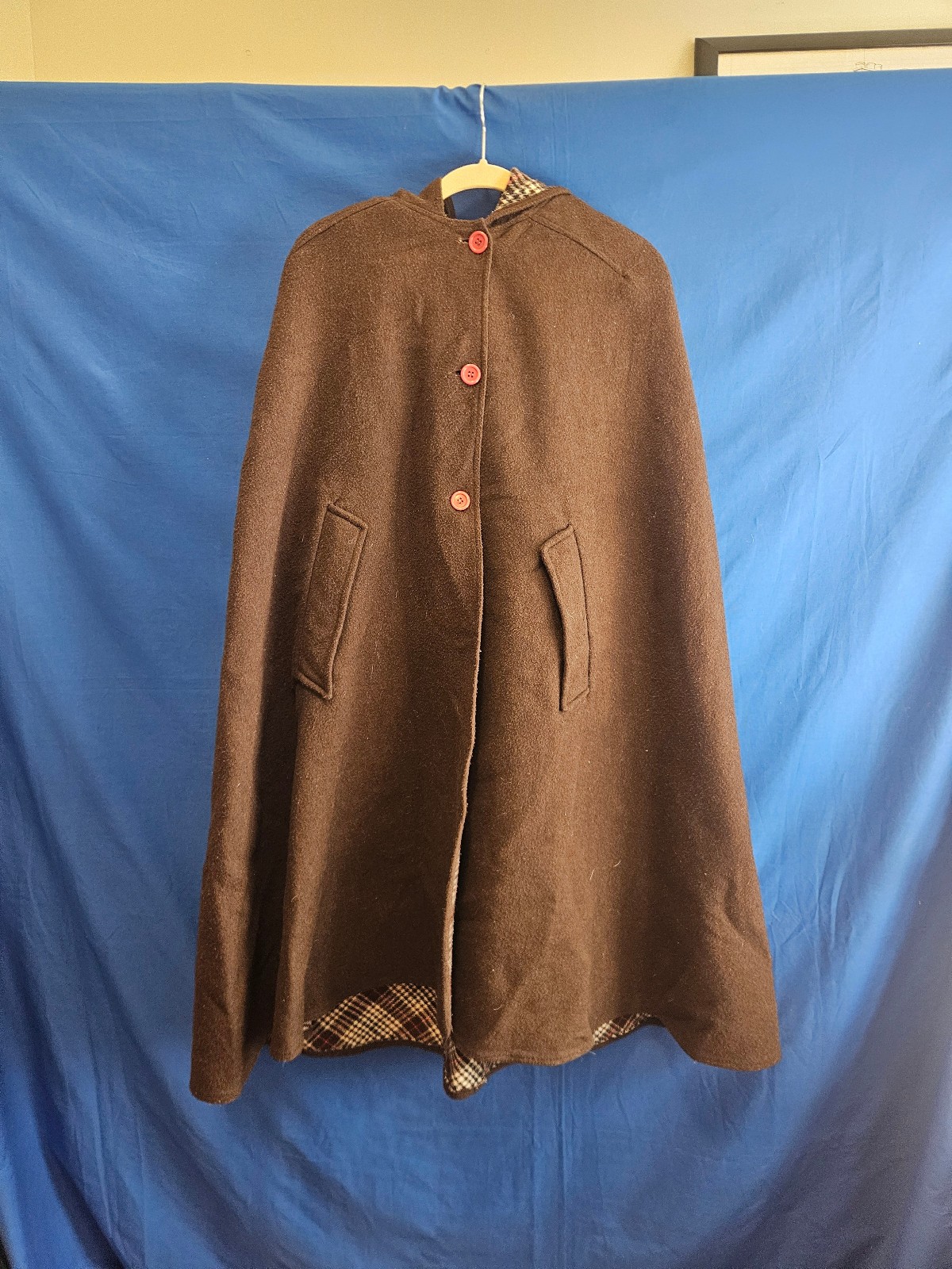 Vintage Brown Wool Hooded Cape with Houndstooth Plaid Lining