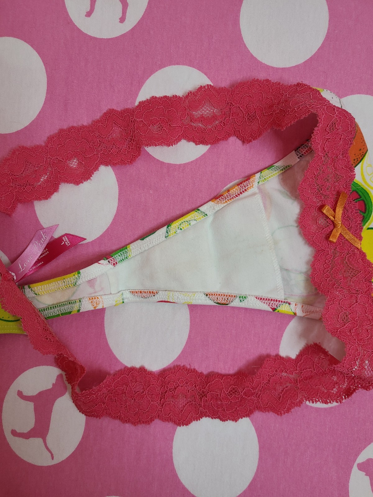 Rare VTG Victoria’s Secret PINK Lace Waist Cotton Citrus Thong Size Lg