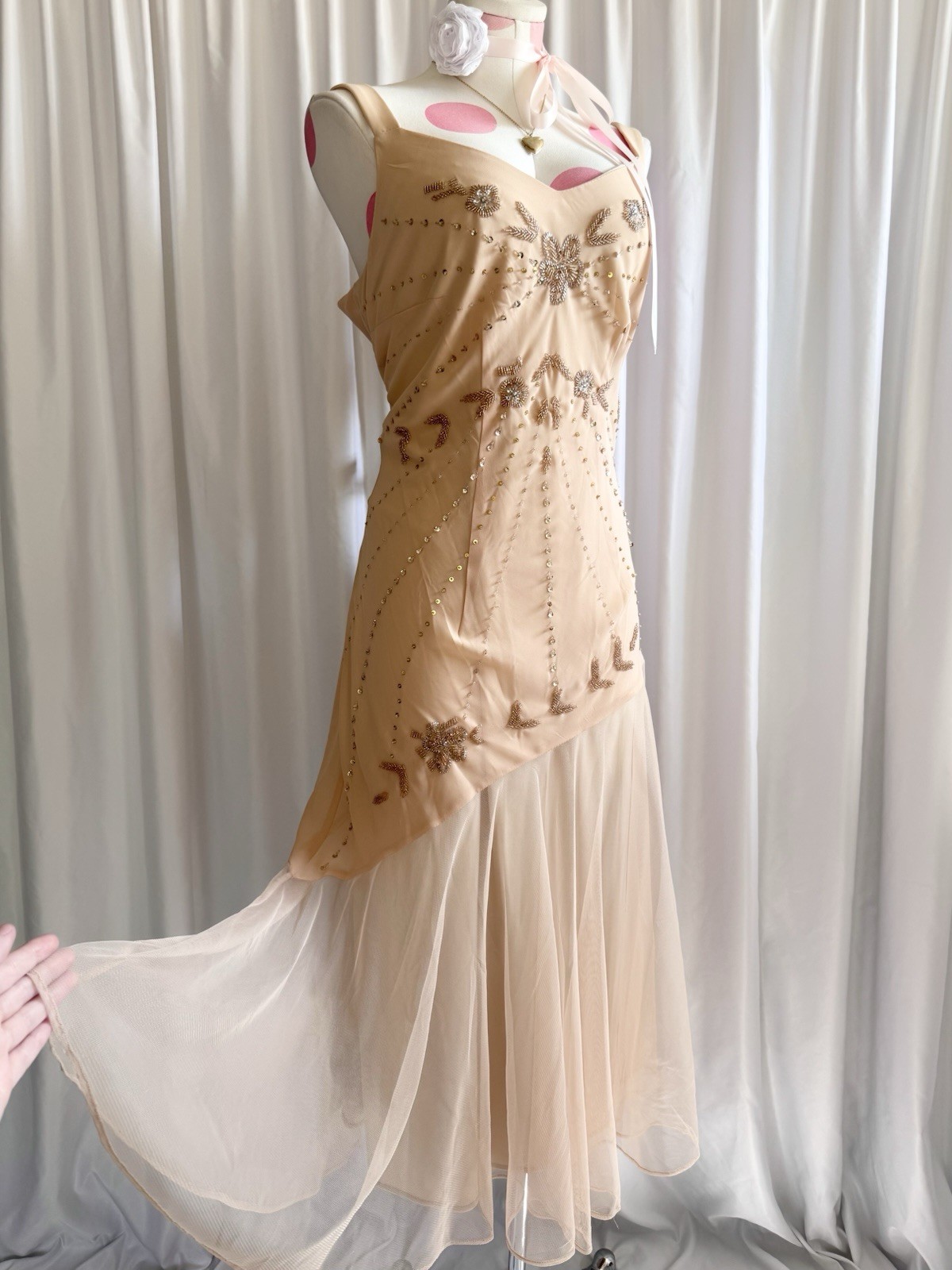 Vintage Y2K Nude Gold Fairy Beaded Sequin Ruffle Mesh Vacation Formal Gown Dress