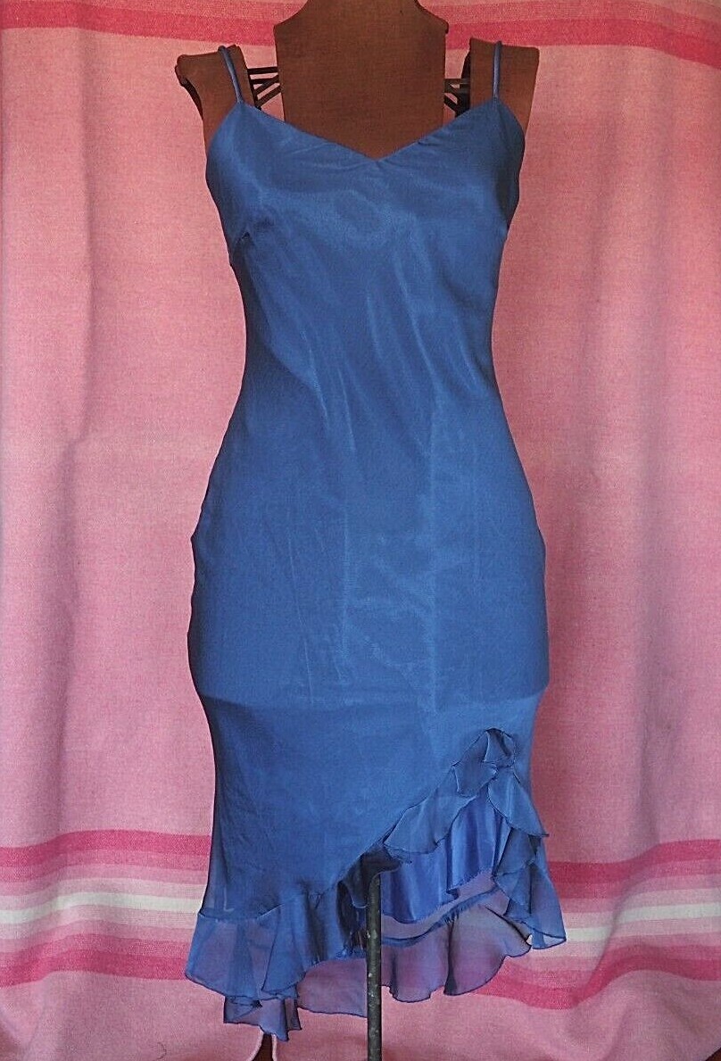 VTG 80s Onyx Nite USA Blue Sleeveless Asymmetrical Ruffle Formal Dress Sz 8 EUC
