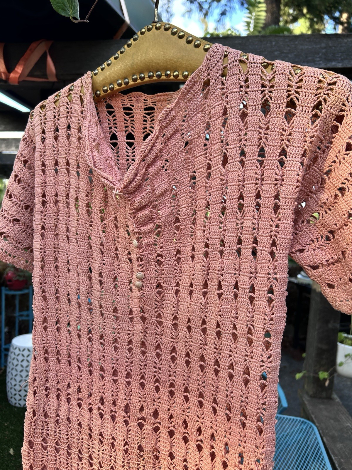 Vintage 1930s 40s Pink Crochet Dress Midi Stretch Art Deco Knit Flapper Sz M