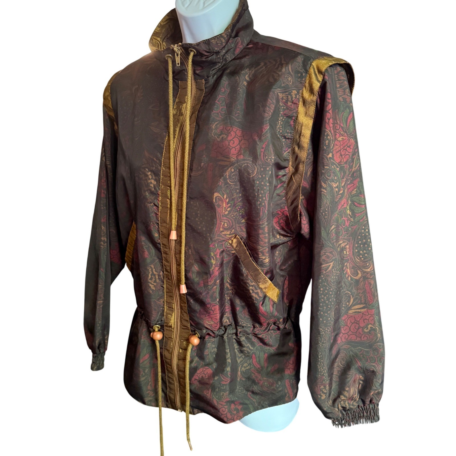Sunterra Petite Vintage 80s Paisley Windbreaker Jacket Zip Up Cinched Waist PM