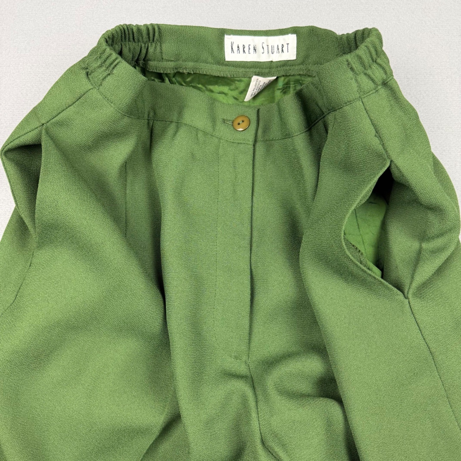 Vintage Karen Stuart Women 10 Green Pleated High Waisted Wide Leg Trousers Pants
