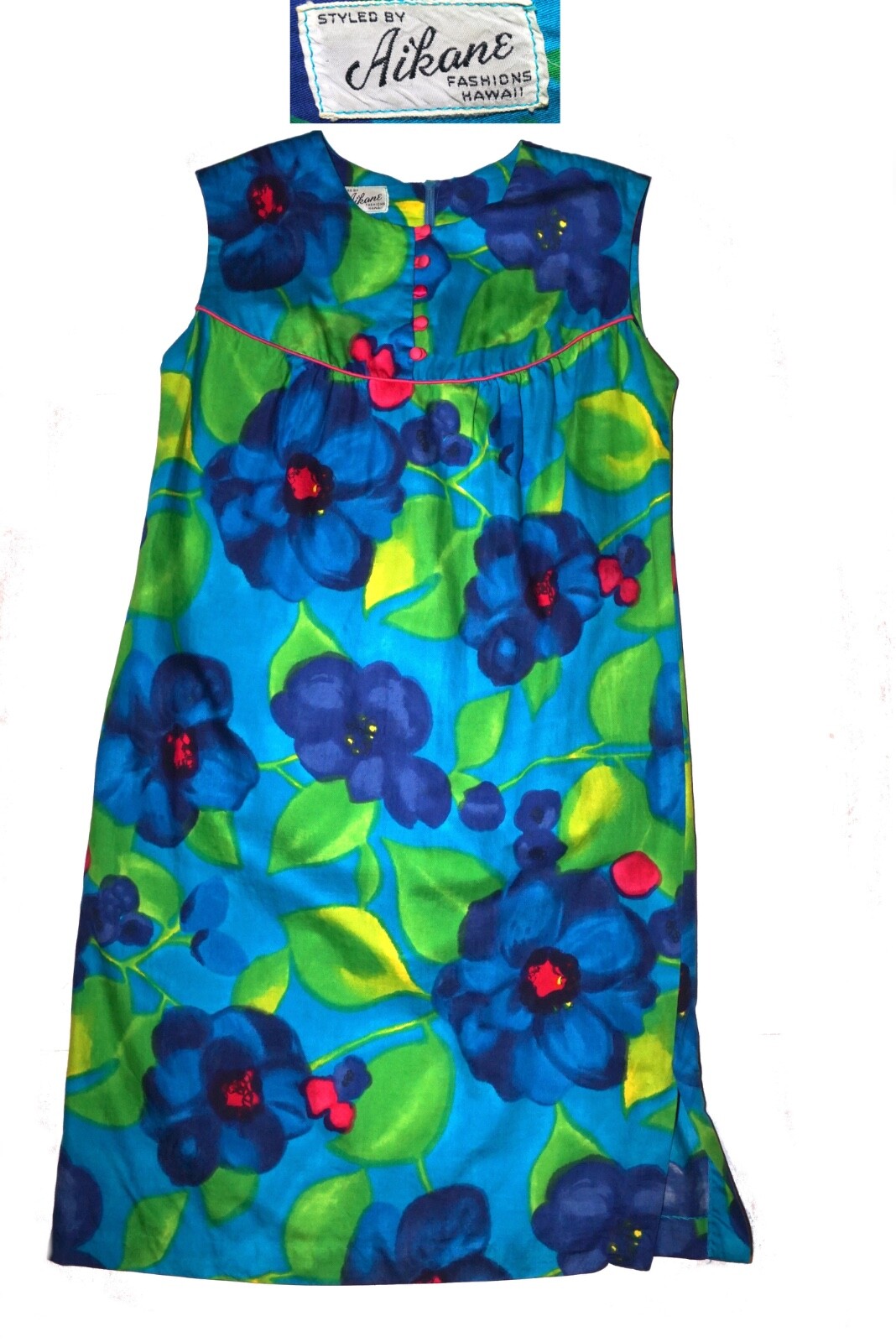 * Vintage Aikane Hawaii Hawaiian Muumuu Mod Shift Dress Bold Floral Bigger Size