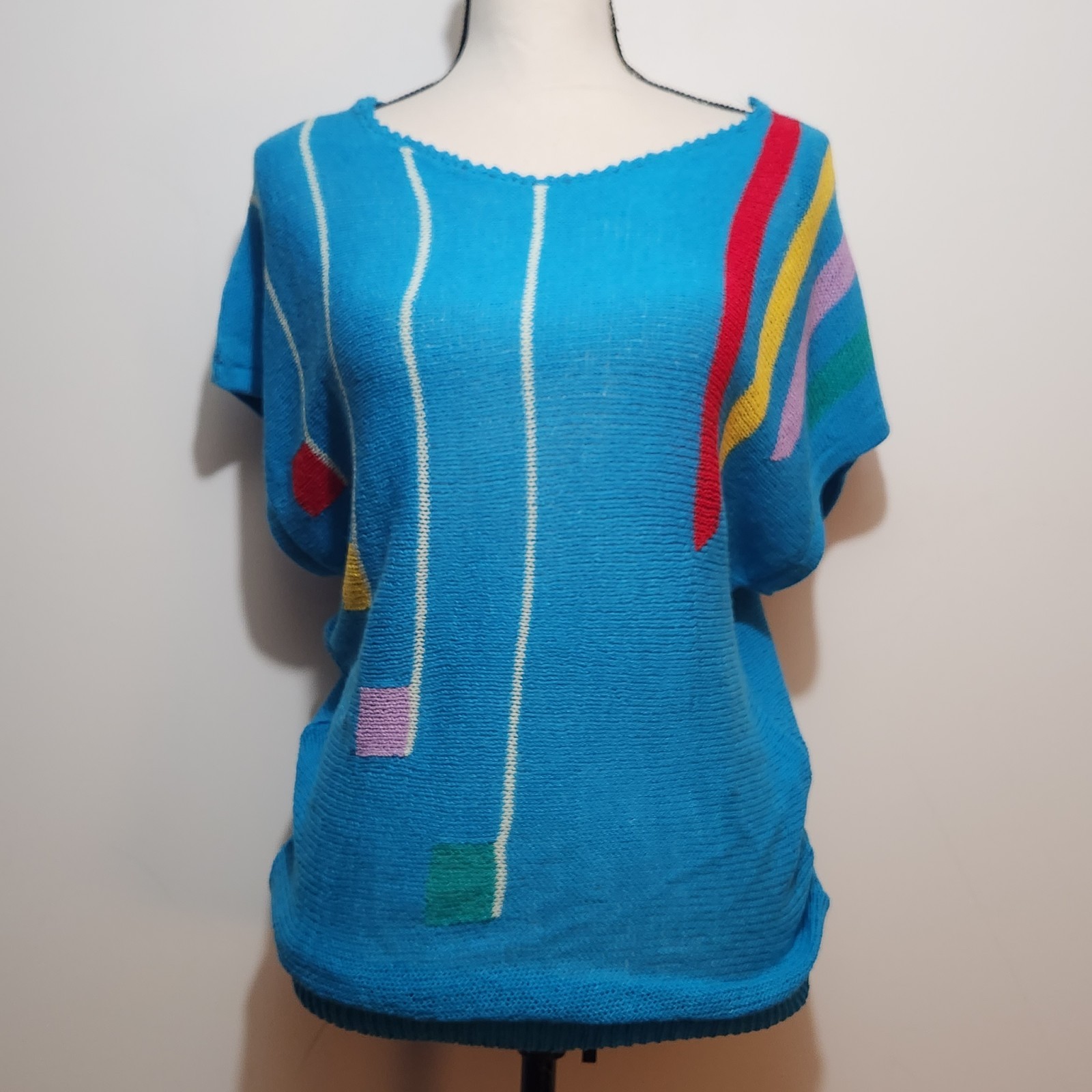 Vintage Fine Knit Mesh crochet 80s Color block Op Art Sweater Top Sz M