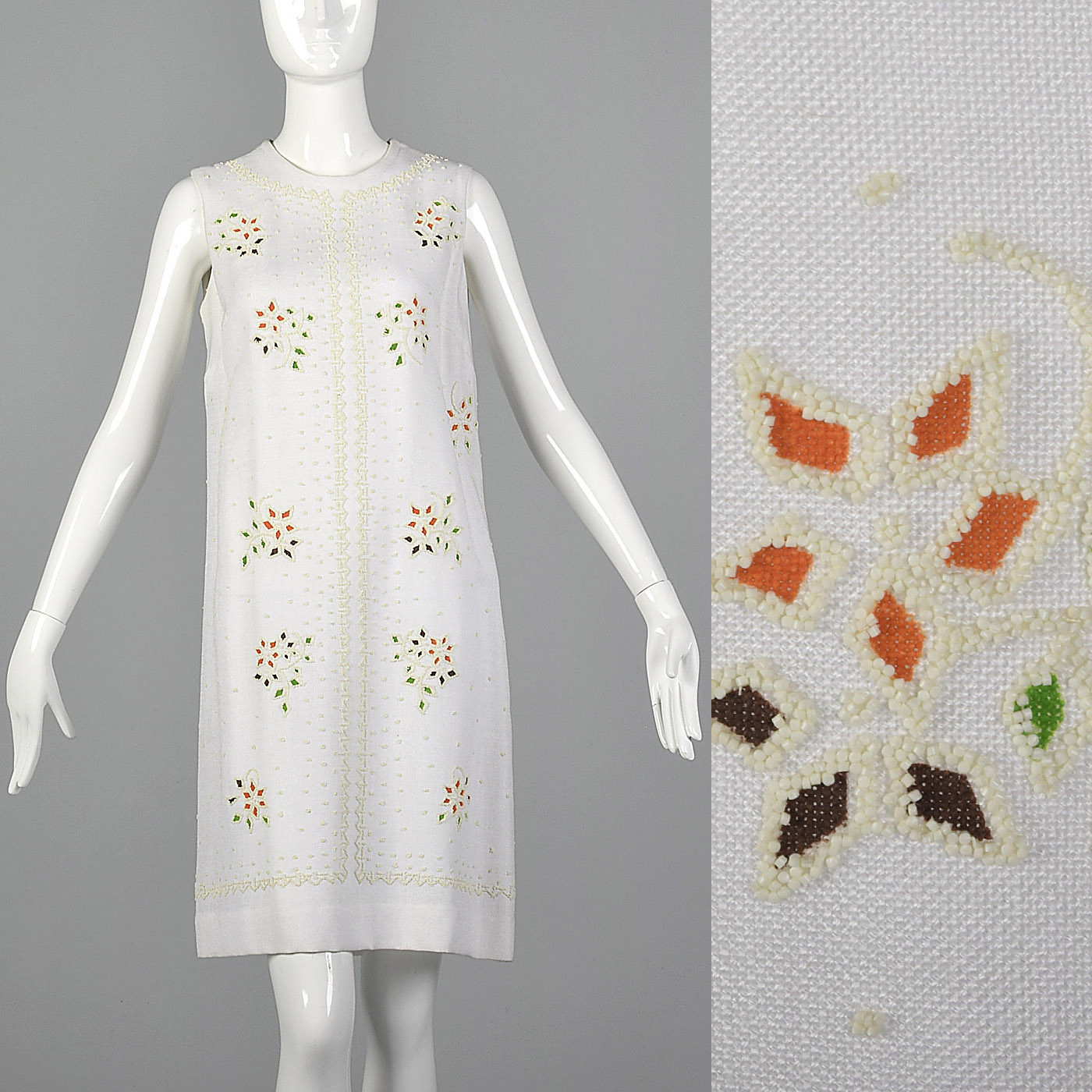 S 1960s White Sleeveless Shift Dress Casual Day Wear Mosaic Beading Summer 60s