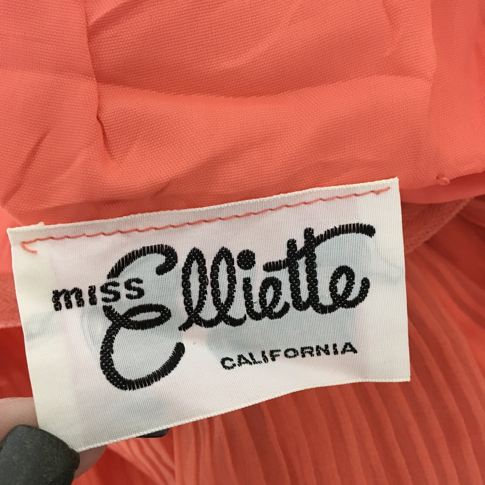 Miss Elliette Coral Illusion Sleeve High Collar Pleated Vtg 60’s Gown Dress