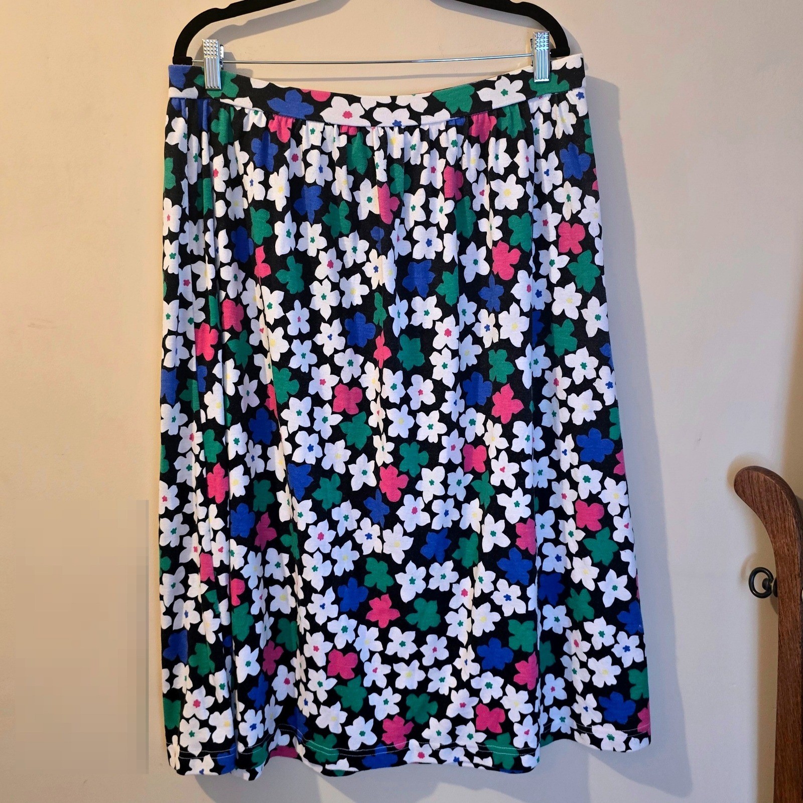 Koret Vintage Floral Daisy Midi Skirt Black Multi Color Elastic Waist Large USA