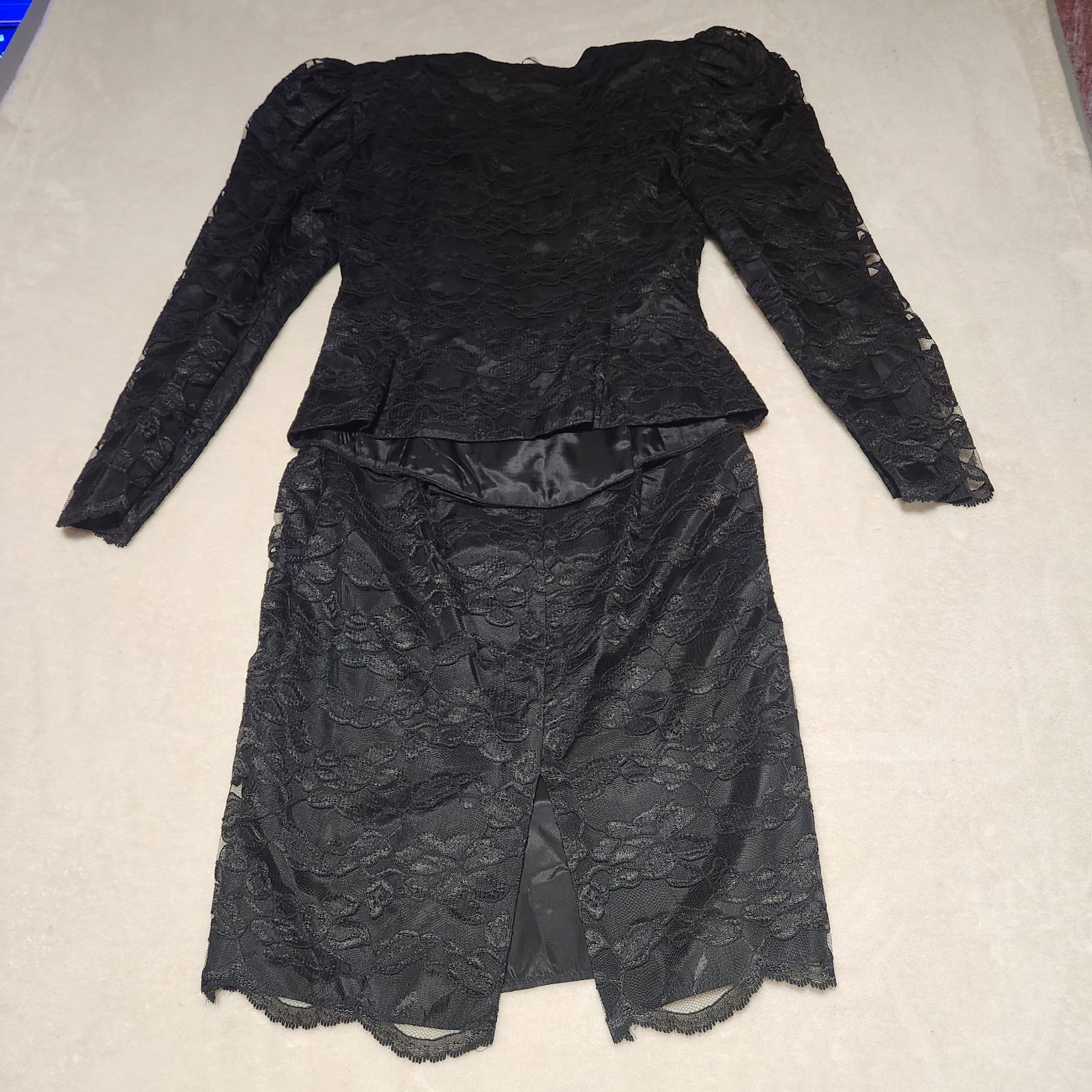 VTG 80s Shuet Young for HW Collections Black Lace Skirt Suit 2pc Set 6 Peplum