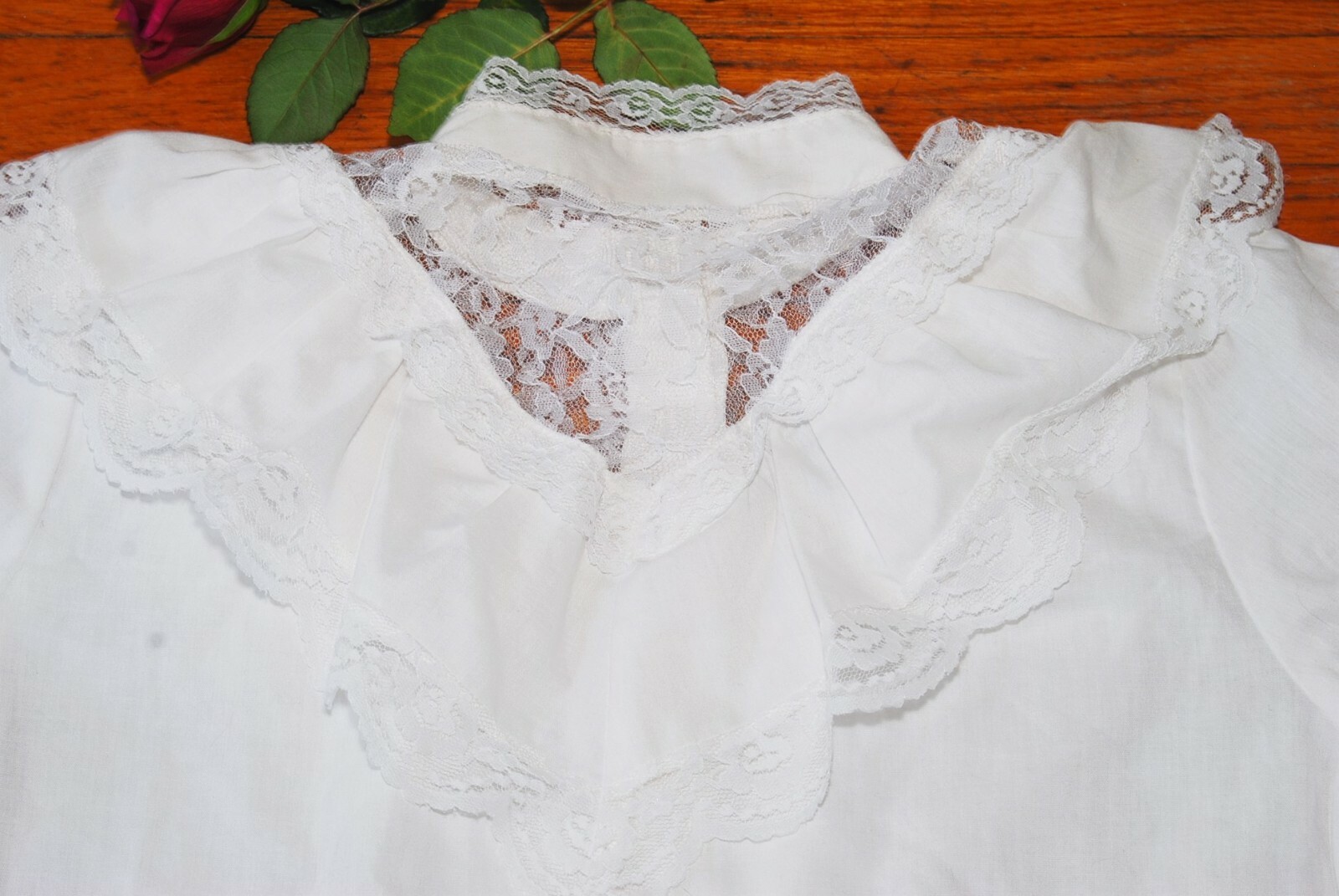 1970s Prairie Top White Ruffle Lace High Collar Victorian Button Up M L