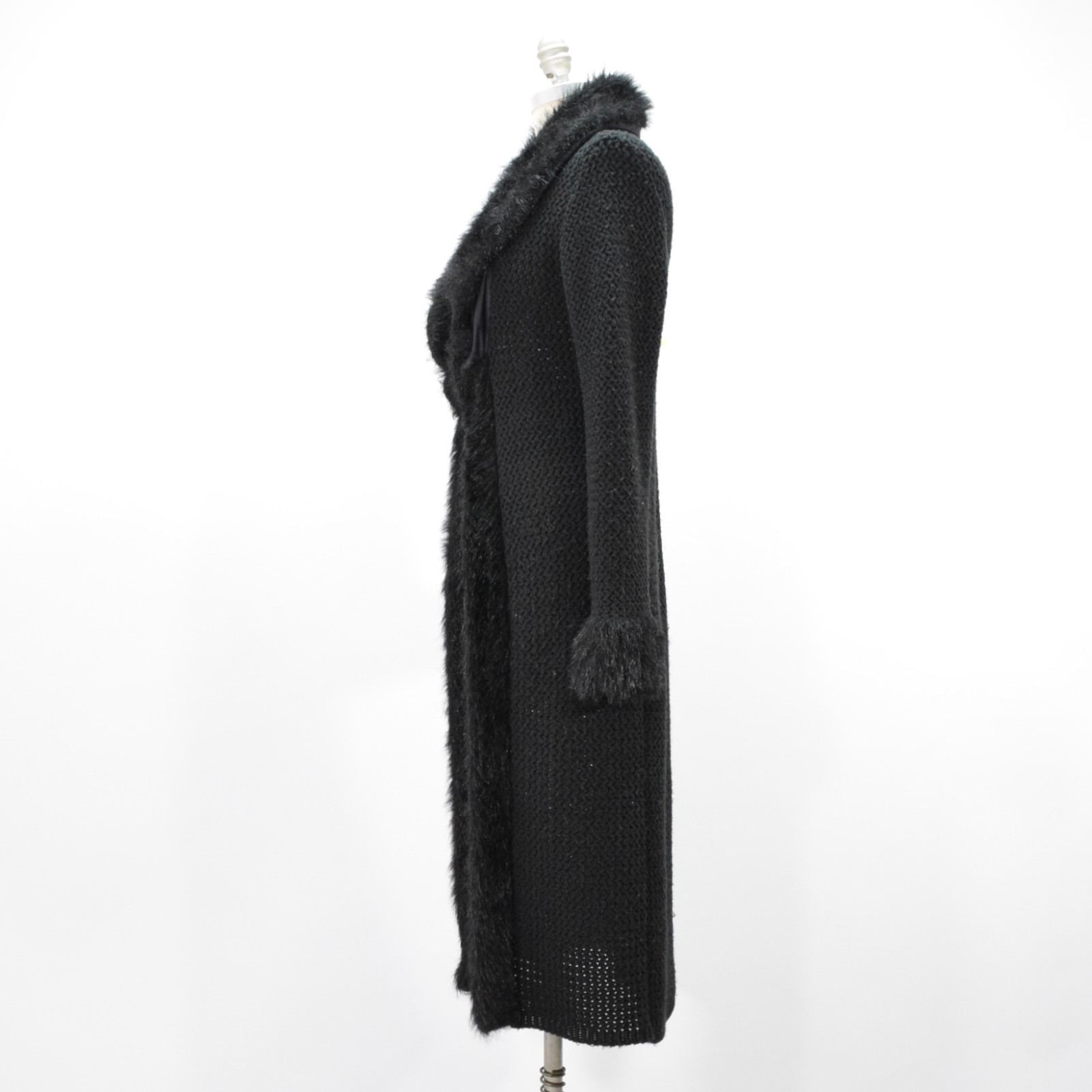 Vintage 90s Y2k Sweater Duster Faux-Fur Trim Midi Cardi Coat Knit Jacket