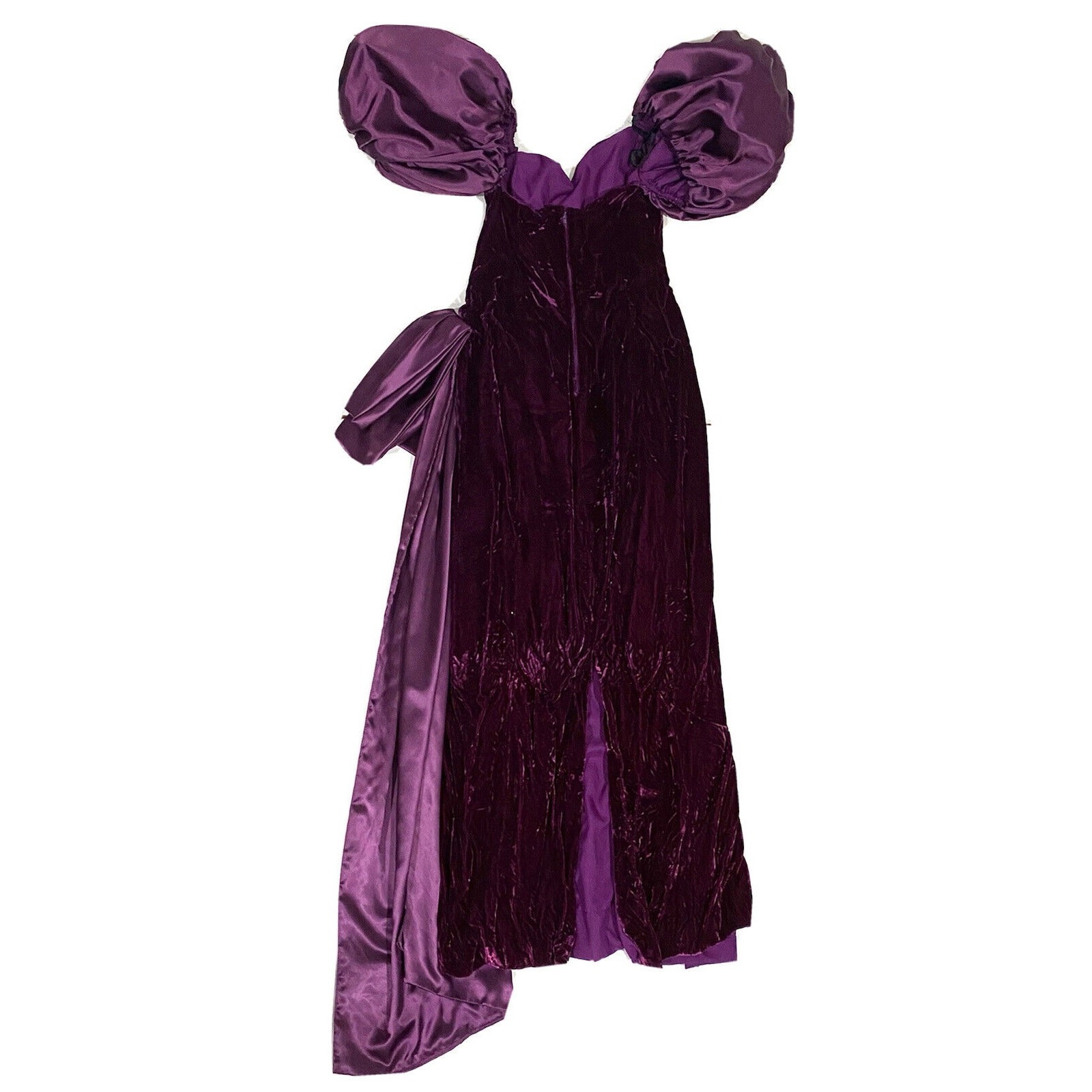 Vintage 90s Formal Dress Gown Velvet Puffy Sleeves Purple Drape Sash Women’s XS