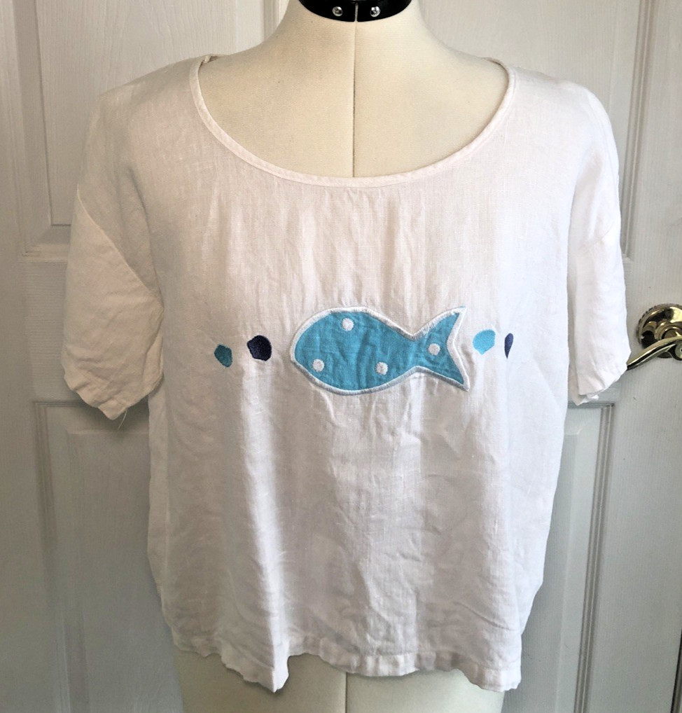 Vtg Y2K 100% Linen sz Lg cropped short sleeve shirt white fish applique coastal