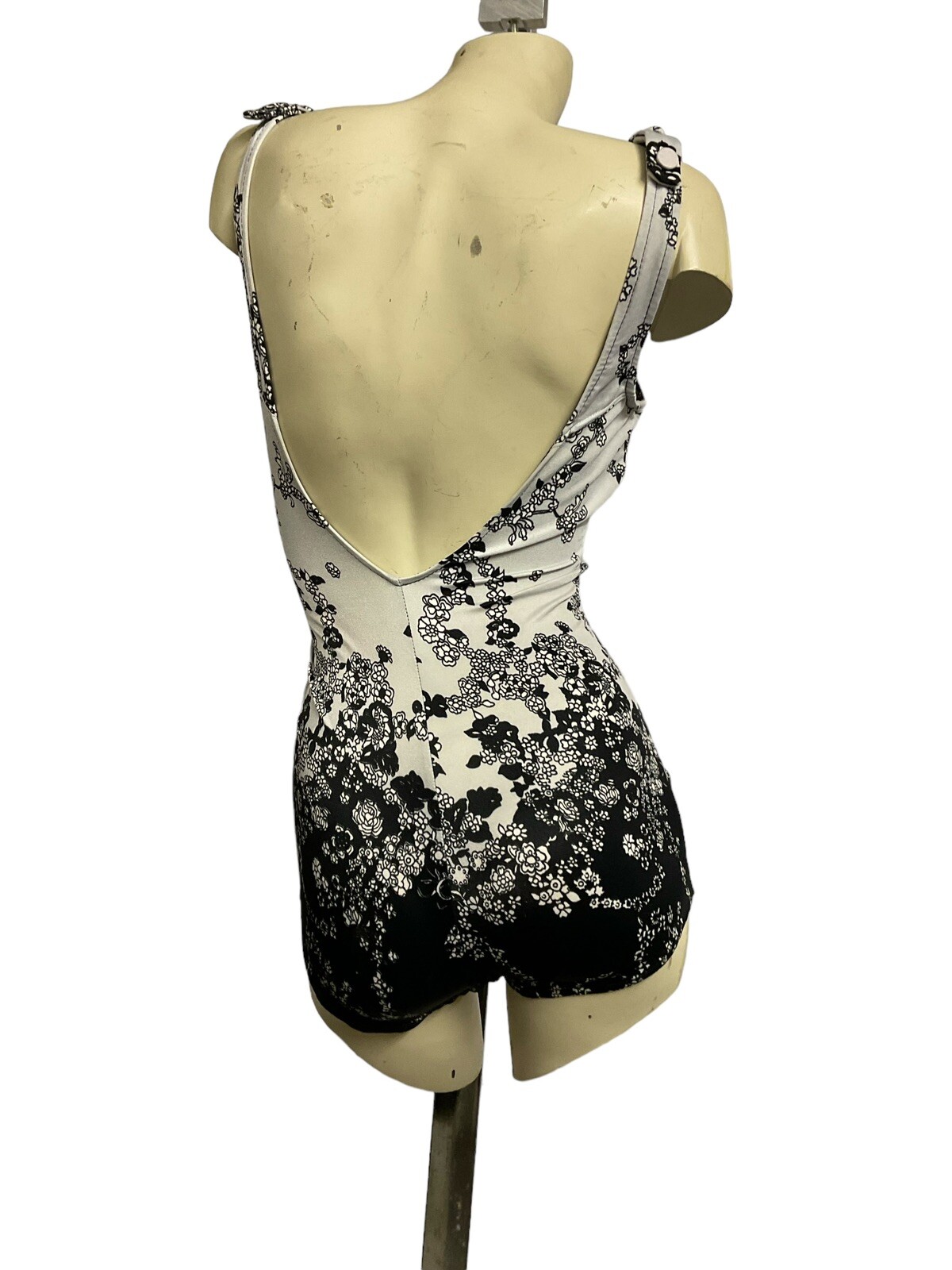 Vtg 70s Swimsuit M Pin Up Skirt Malliot Modest Roxanne Floral Gray Black White S