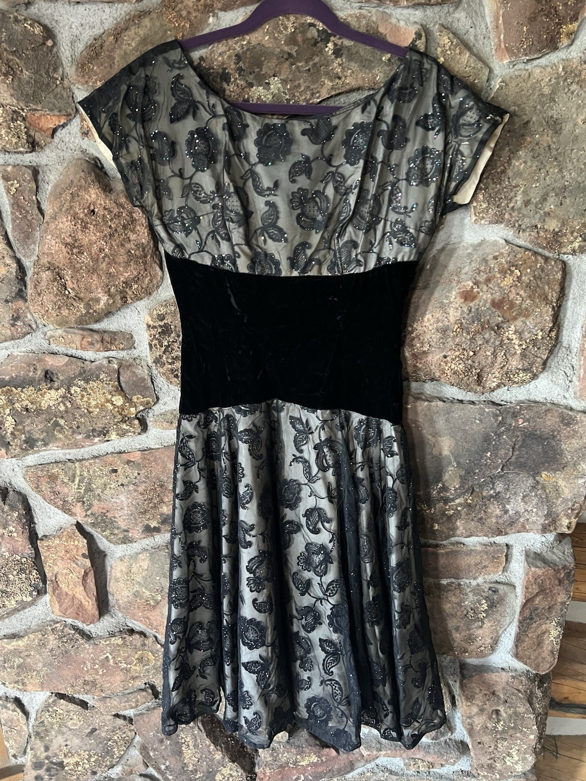 Vintage Hand Made Party Dress, Black Lace And Velvet, Knee Length, Fits Like 6