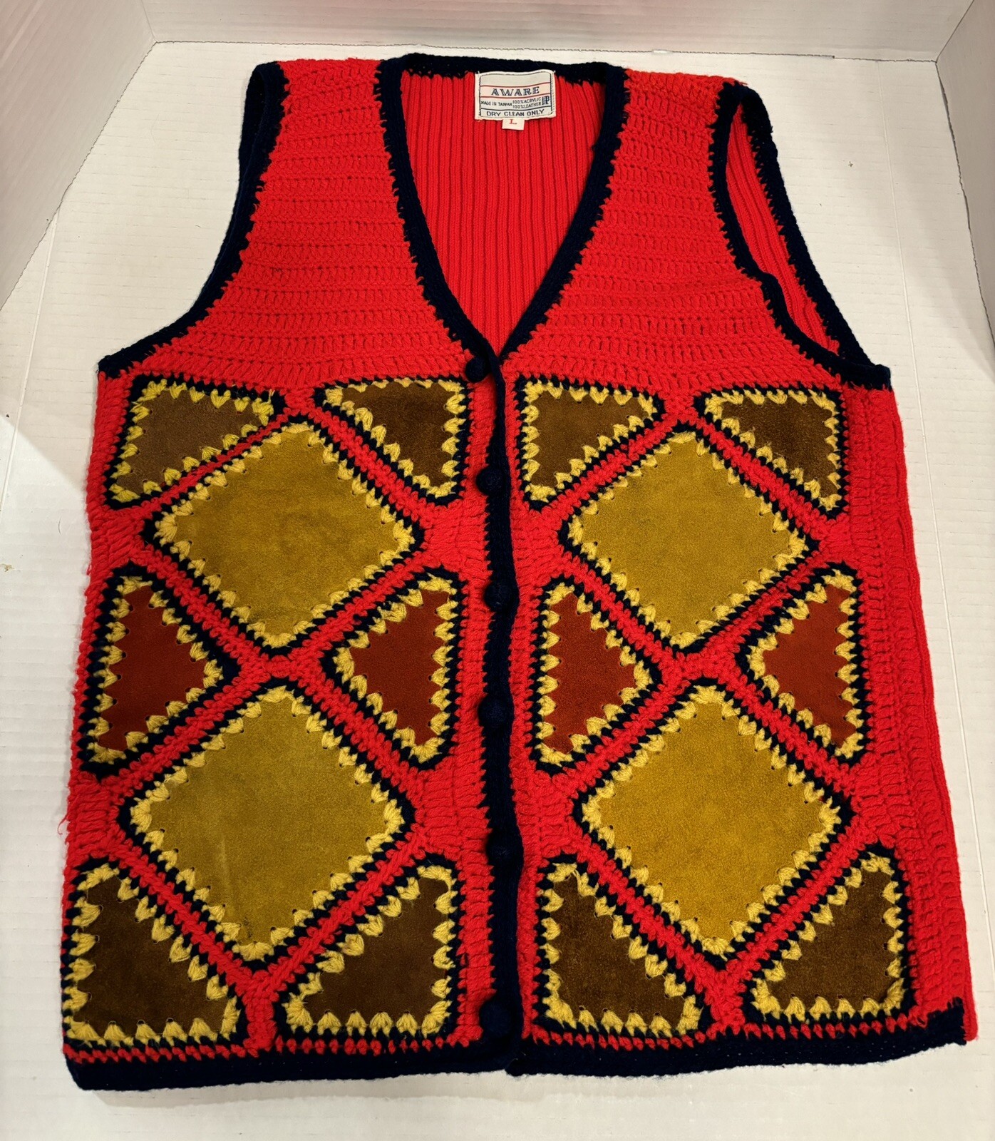 Vintage Vest 70’s Retro Hippie Leather Crochet Aware Brand Orange Brown Size L