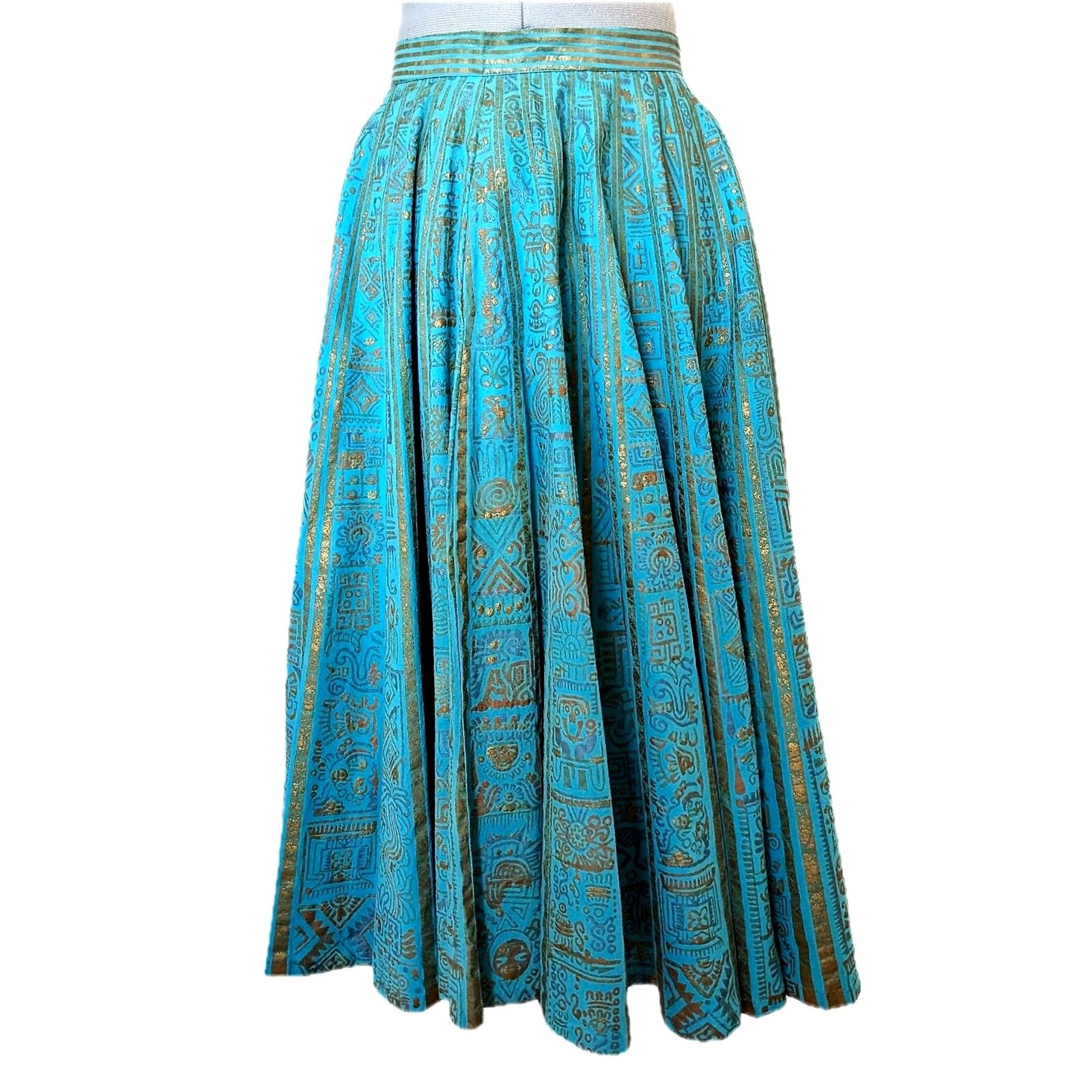 1950s MAYA de MEXICO Mayan Hieroglyph Hand Painted Aqua/Gold Circle Skirt sz. XS