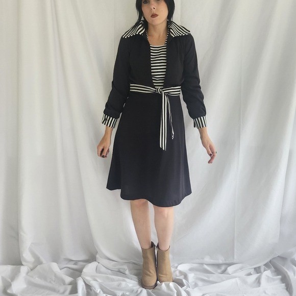 70s Black and White Dtriped Dress with Jacket